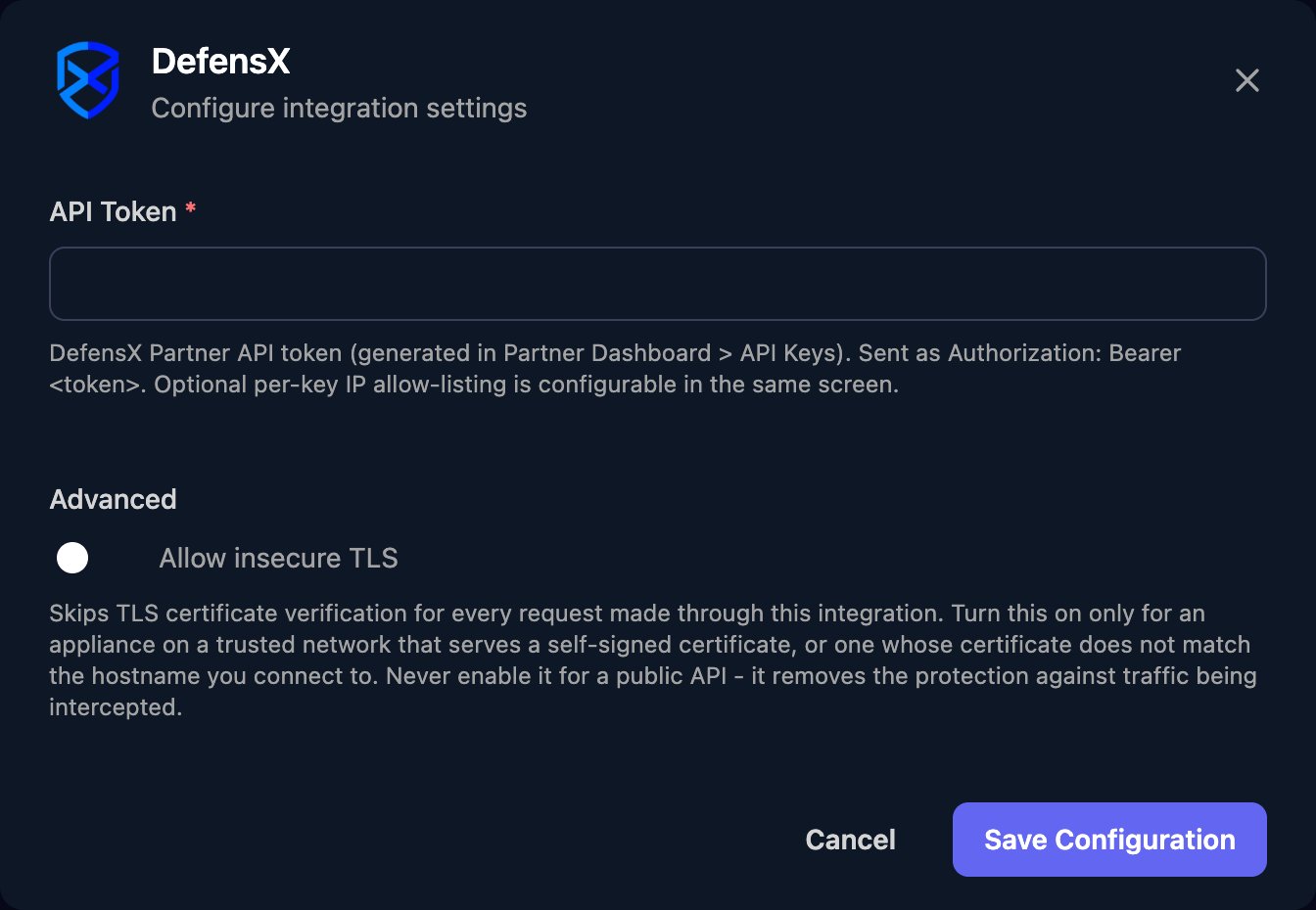 The DefensX configuration window with an API Token field and hint, an Allow insecure TLS switch under Advanced, and a Save Configuration button.
