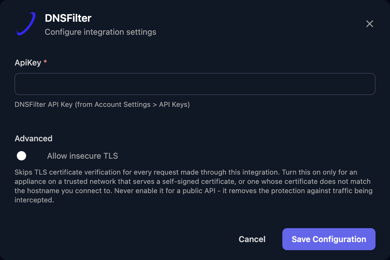 The DNSFilter configuration window with an ApiKey field, an Allow insecure TLS switch under Advanced, and a Save Configuration button.
