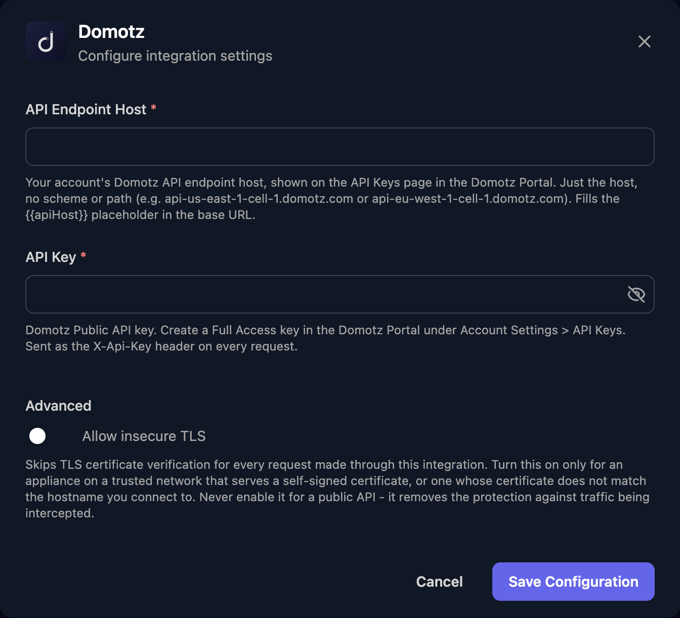 The Domotz configuration window with API Endpoint Host and API Key fields, an Allow insecure TLS switch under Advanced, and a Save Configuration button.