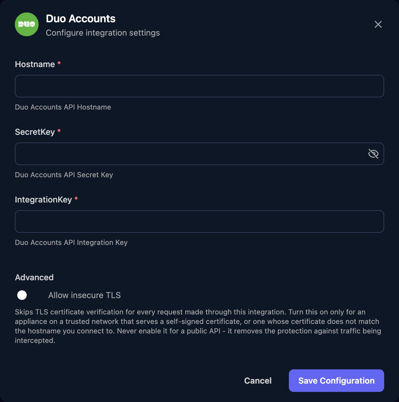 The Duo Accounts configuration window with Hostname, SecretKey and IntegrationKey fields, an Allow insecure TLS switch under Advanced, and a Save Configuration button.
