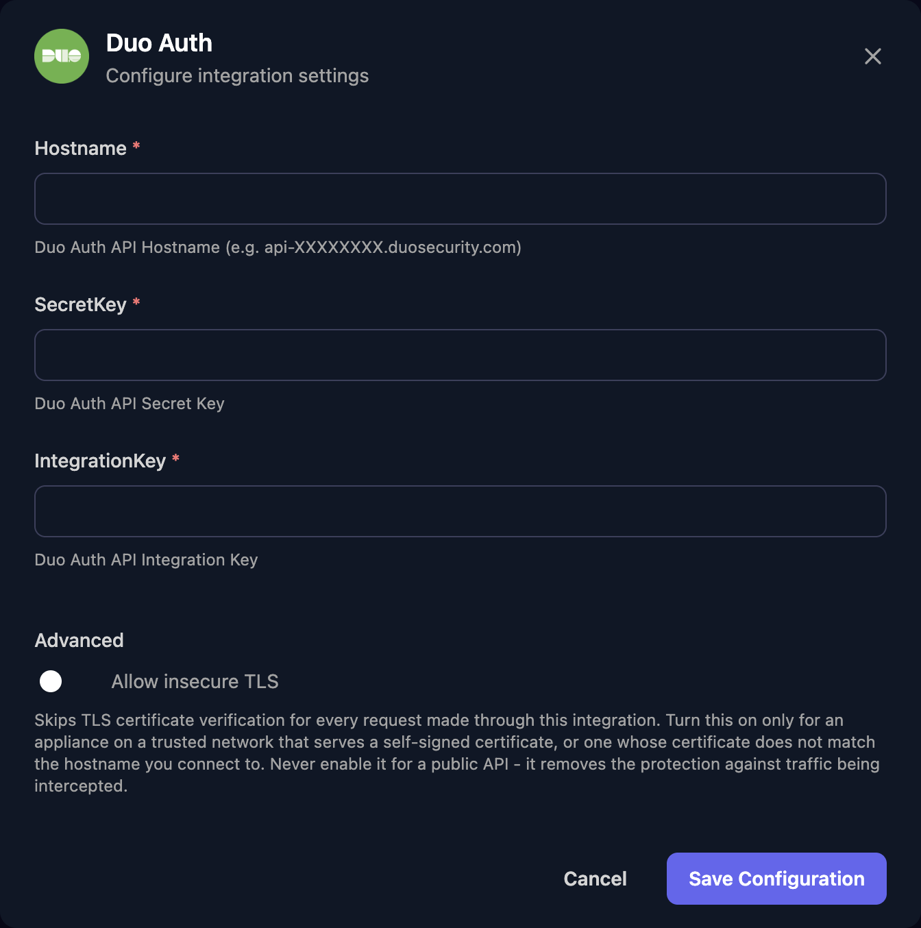 The Duo Auth configuration window with Hostname, SecretKey and IntegrationKey fields, an Allow insecure TLS switch under Advanced, and a Save Configuration button.
