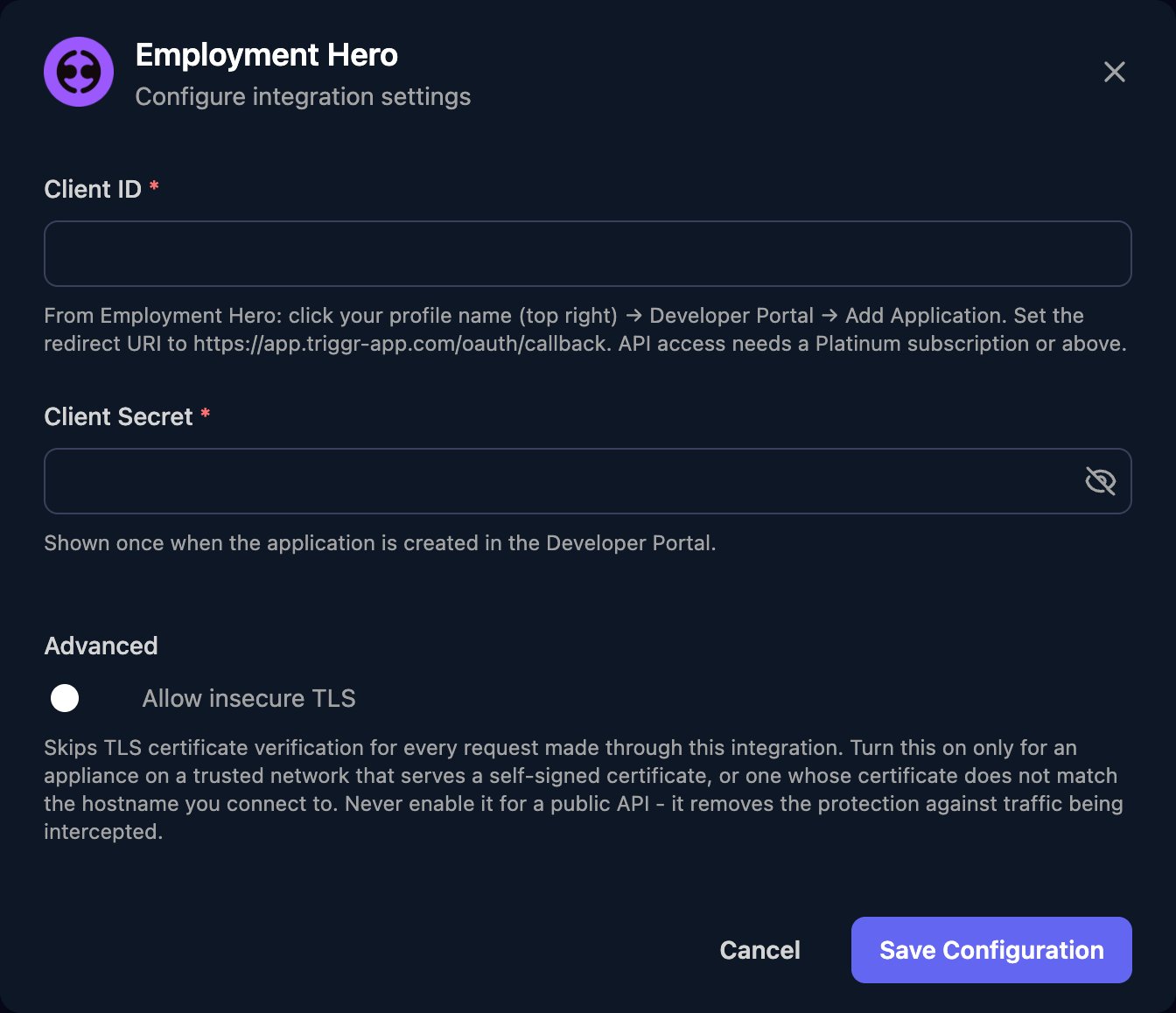 The Employment Hero configuration window with Client ID and Client Secret fields, an Allow insecure TLS switch under Advanced, and a Save Configuration button.