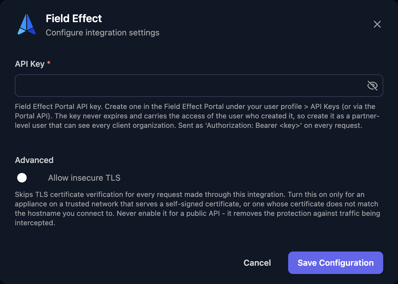 The Field Effect configuration window with an API Key field, an Allow insecure TLS switch under Advanced, and a Save Configuration button.