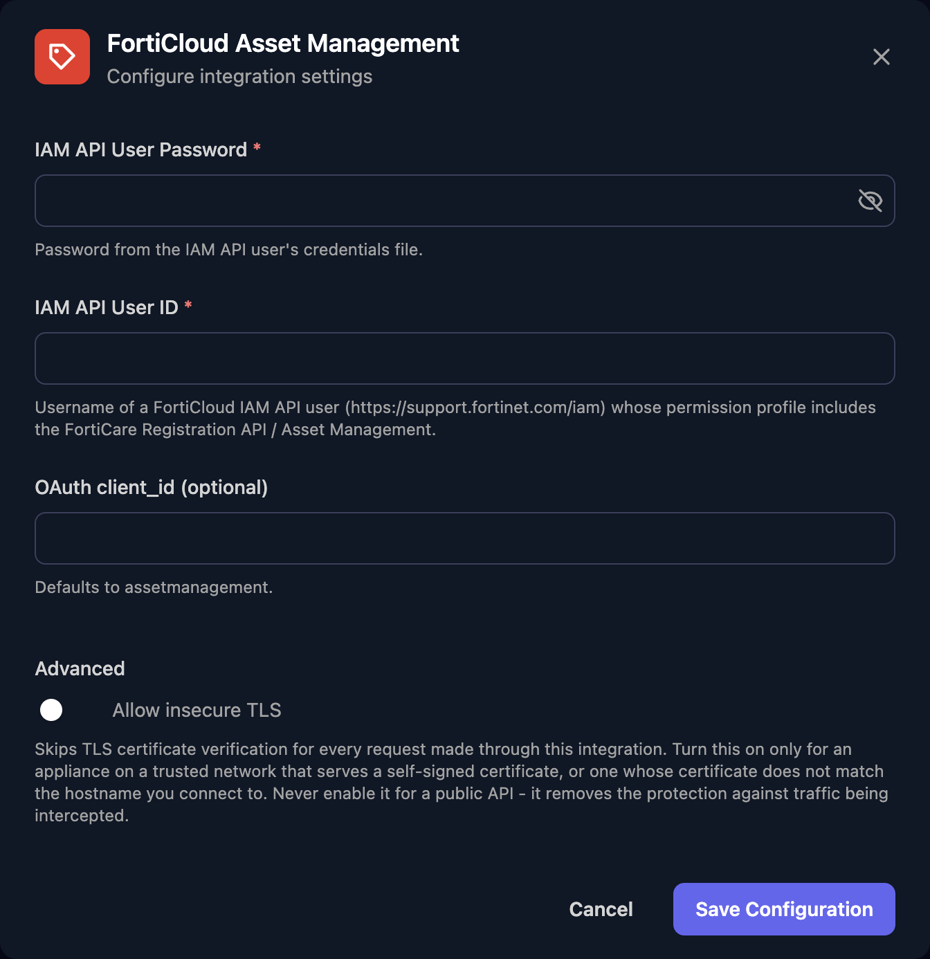 The FortiCloud Asset Management configuration window with IAM API User Password, IAM API User ID and OAuth client_id (optional) fields, an Allow insecure TLS switch under Advanced, and a Save Configuration button.