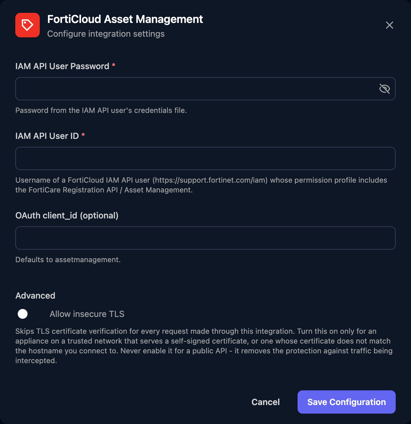 The FortiCloud Asset Management configuration window with IAM API User Password, IAM API User ID and OAuth client_id (optional) fields, an Allow insecure TLS switch under Advanced, and a Save Configuration button.