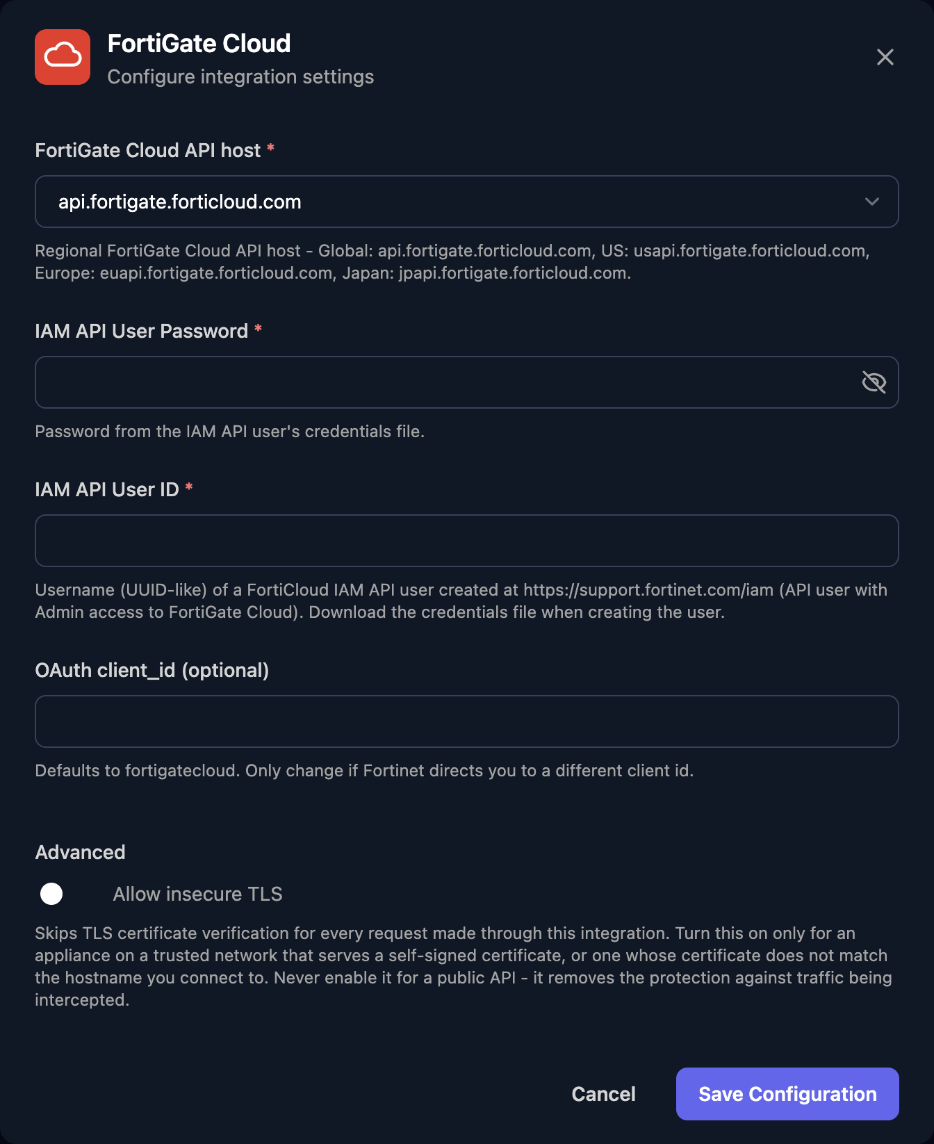 The FortiGate Cloud configuration window with a FortiGate Cloud API host dropdown set to api.fortigate.forticloud.com, IAM API User Password, IAM API User ID and OAuth client_id (optional) fields, and a Save Configuration button.