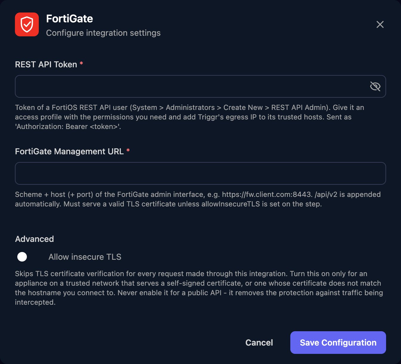 The FortiGate configuration window with REST API Token and FortiGate Management URL fields, an Allow insecure TLS switch under Advanced, and a Save Configuration button.