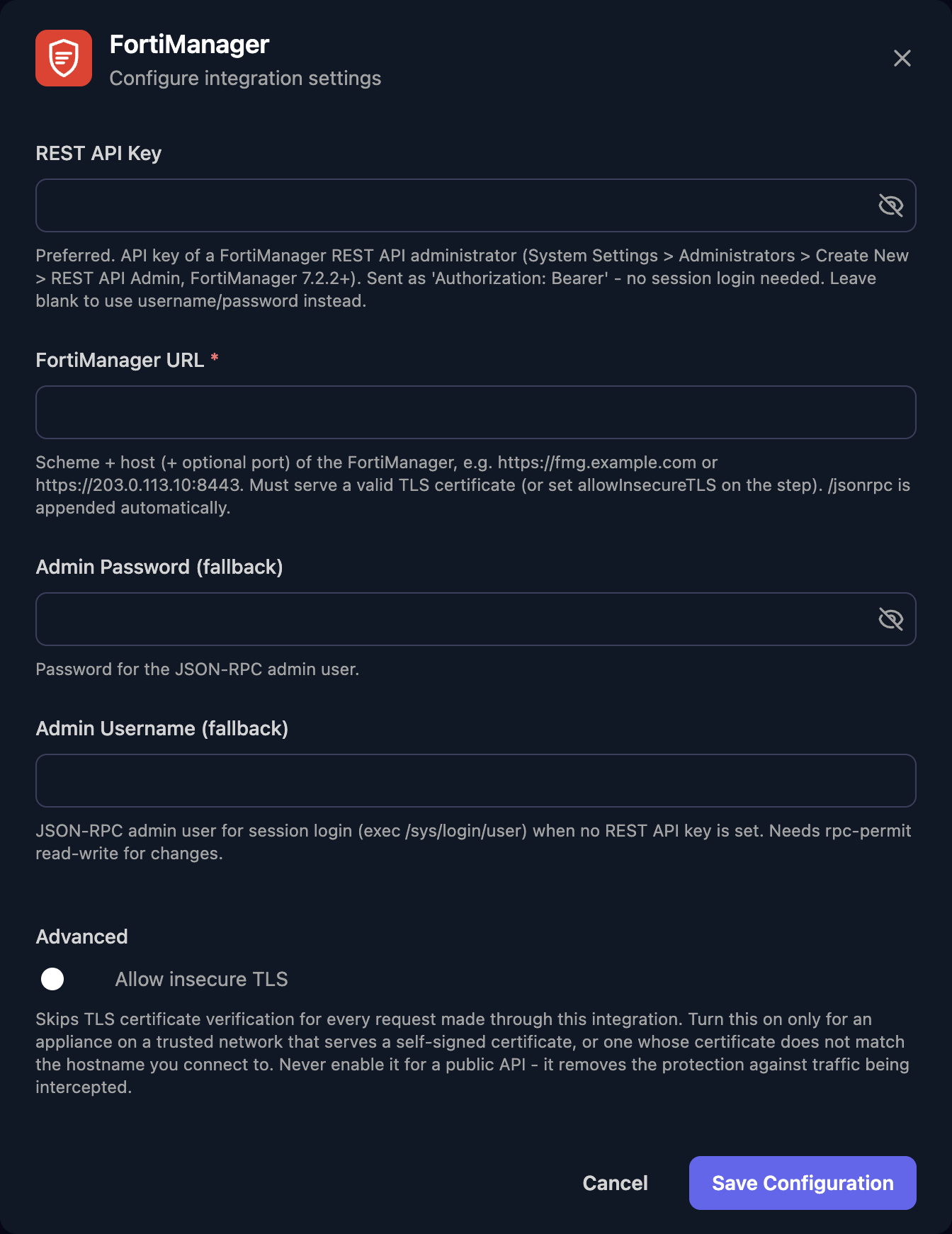 The FortiManager configuration window with REST API Key, FortiManager URL, Admin Password (fallback) and Admin Username (fallback) fields, an Allow insecure TLS switch under Advanced, and a Save Configuration button.