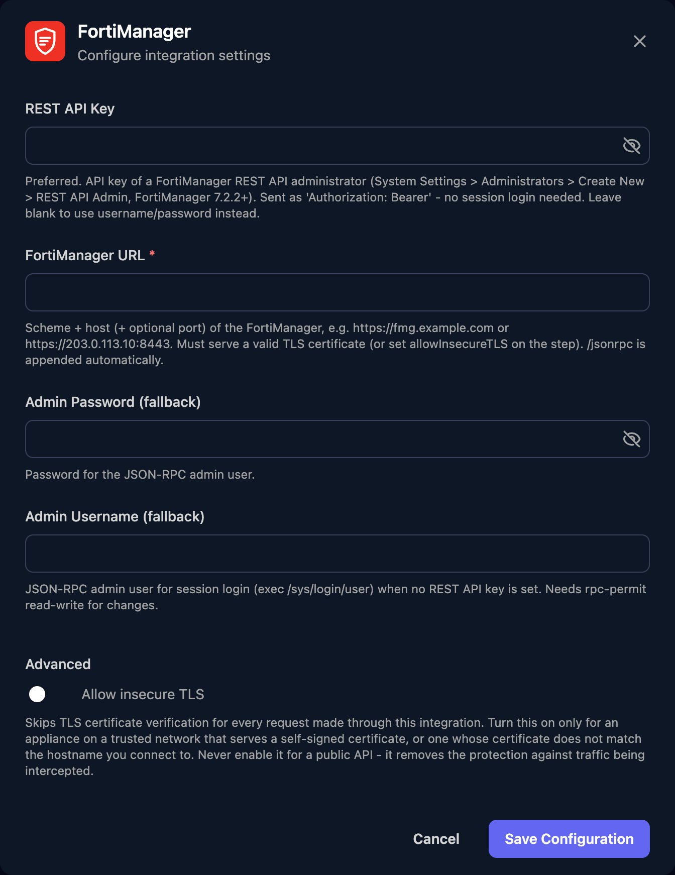 The FortiManager configuration window with REST API Key, FortiManager URL, Admin Password (fallback) and Admin Username (fallback) fields, an Allow insecure TLS switch under Advanced, and a Save Configuration button.
