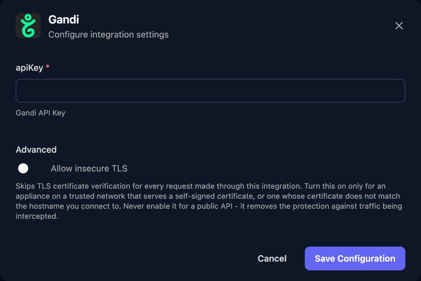 The Gandi configuration window with an apiKey field described as Gandi API Key, an Allow insecure TLS switch under Advanced, and a Save Configuration button.