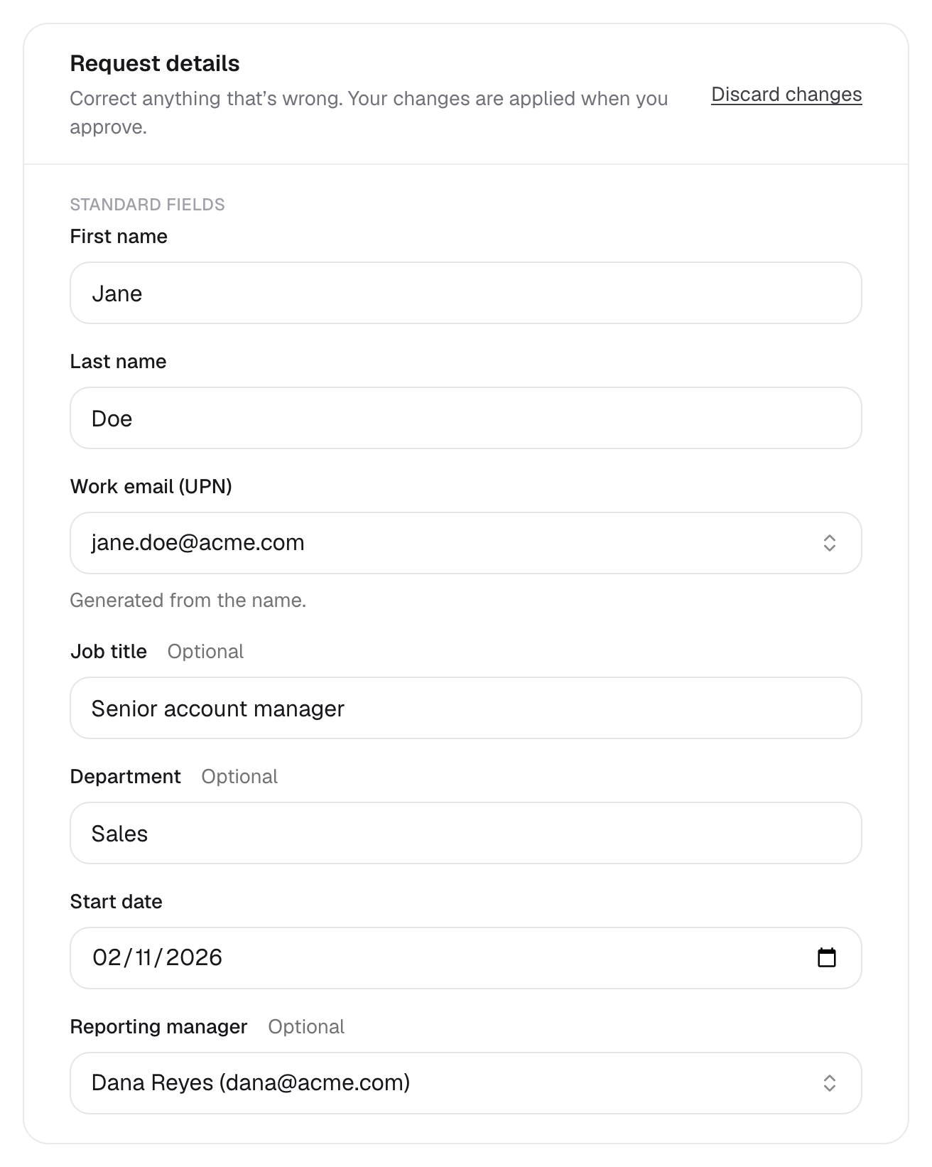 Request details in edit mode: Correct anything that's wrong. Your changes are applied when you approve, a Discard changes link, and fields for First name, Last name, Work email (UPN) generated from the name, Job title changed to Senior account manager, Department, Start date and Reporting manager.
