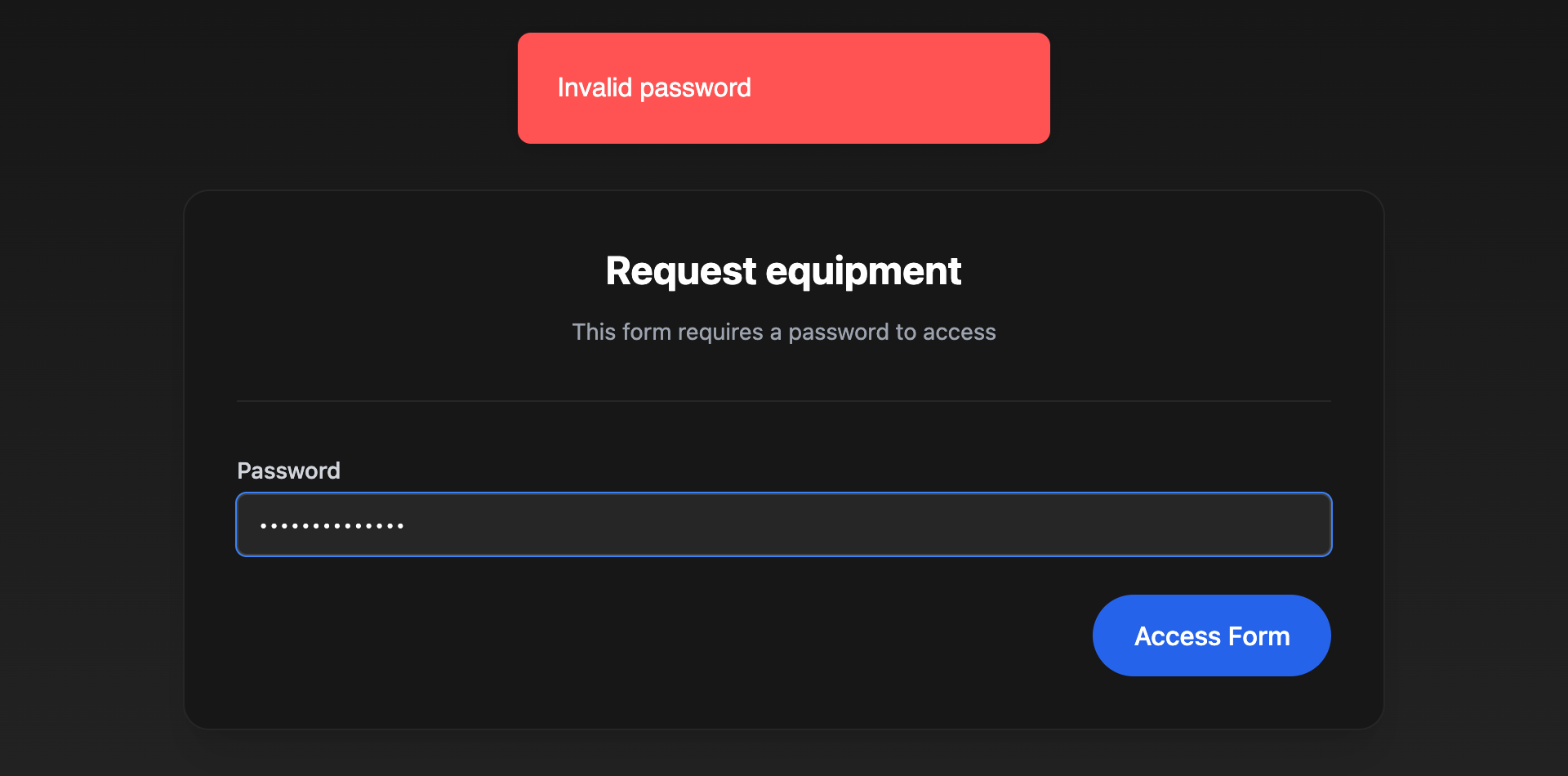 A password-protected form with a red Invalid password message at the top.