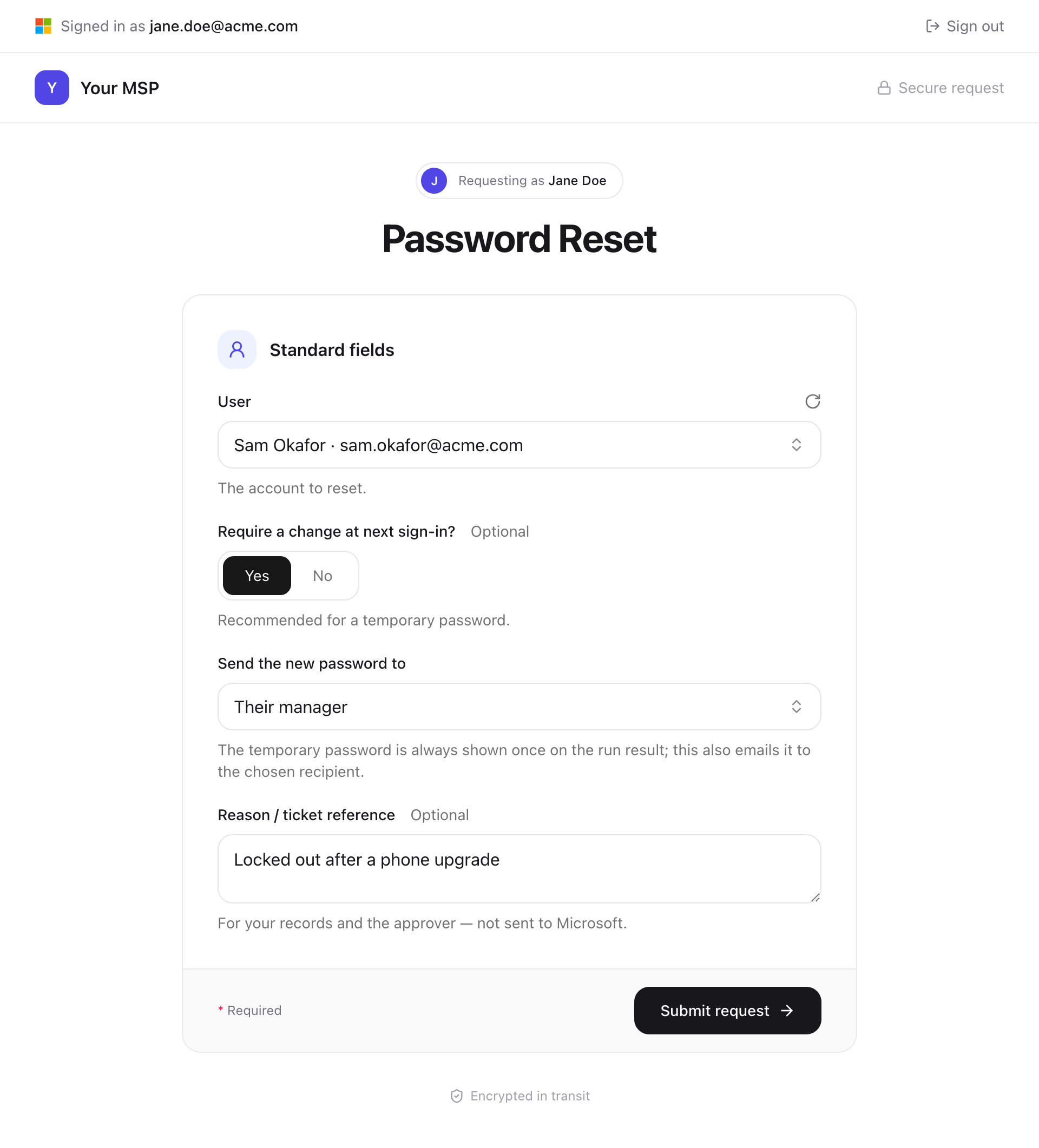 The Password Reset form, Requesting as Jane Doe, with User set to Sam Okafor, Require a change at next sign-in set to Yes, Send the new password to set to Their manager, a reason filled in and a Submit request button.