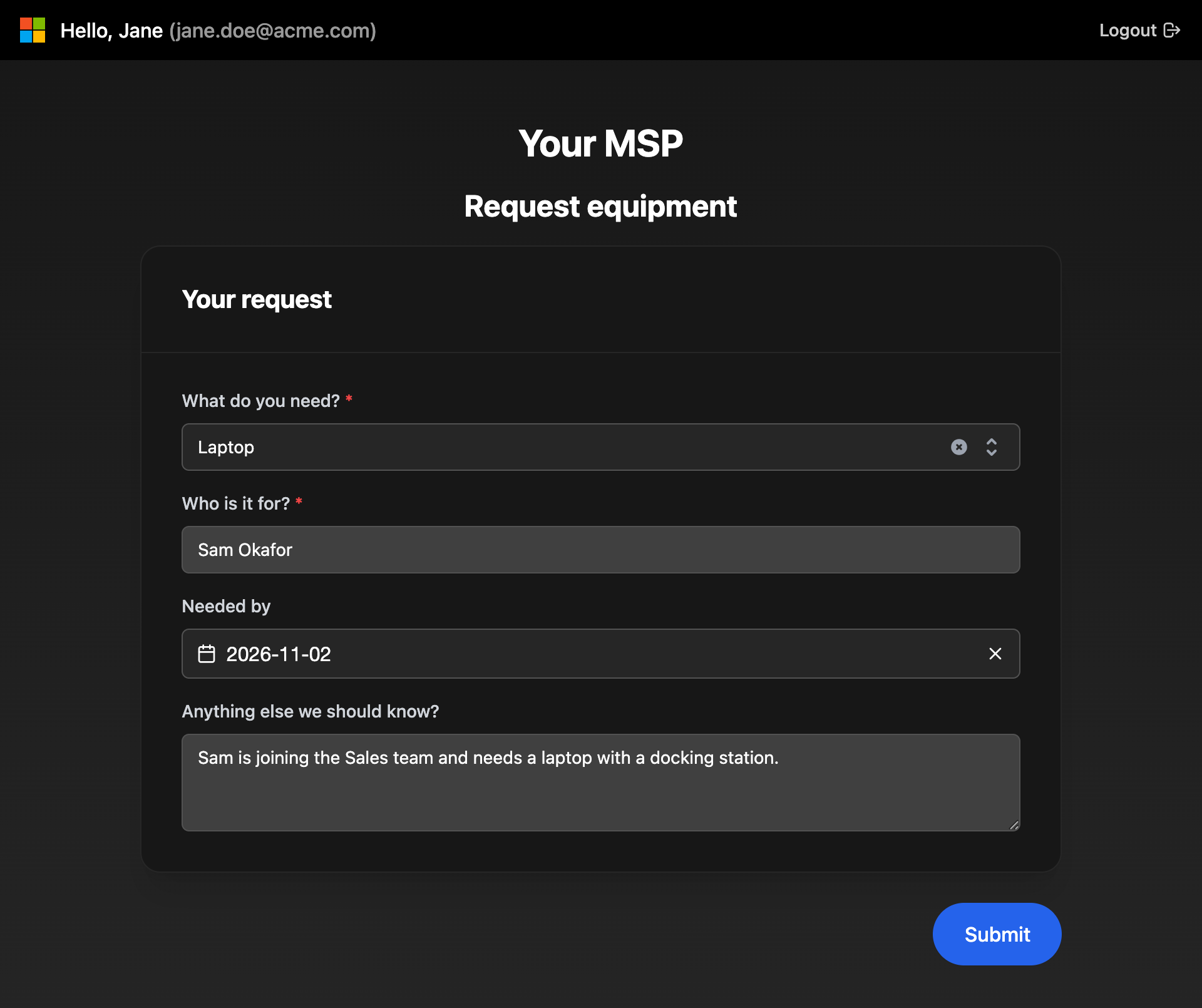The Request equipment form with Hello, Jane and a Logout button at the top, What do you need? set to Laptop, Who is it for? set to Sam Okafor, Needed by set to 2026-11-02, a note, and a Submit button.