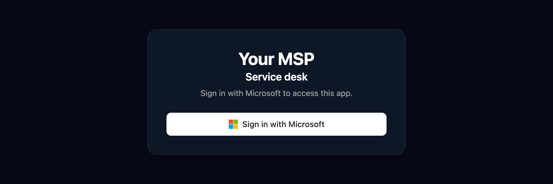 An app sign-in card headed Service desk, with the line Sign in with Microsoft to access this app and a Sign in with Microsoft button.