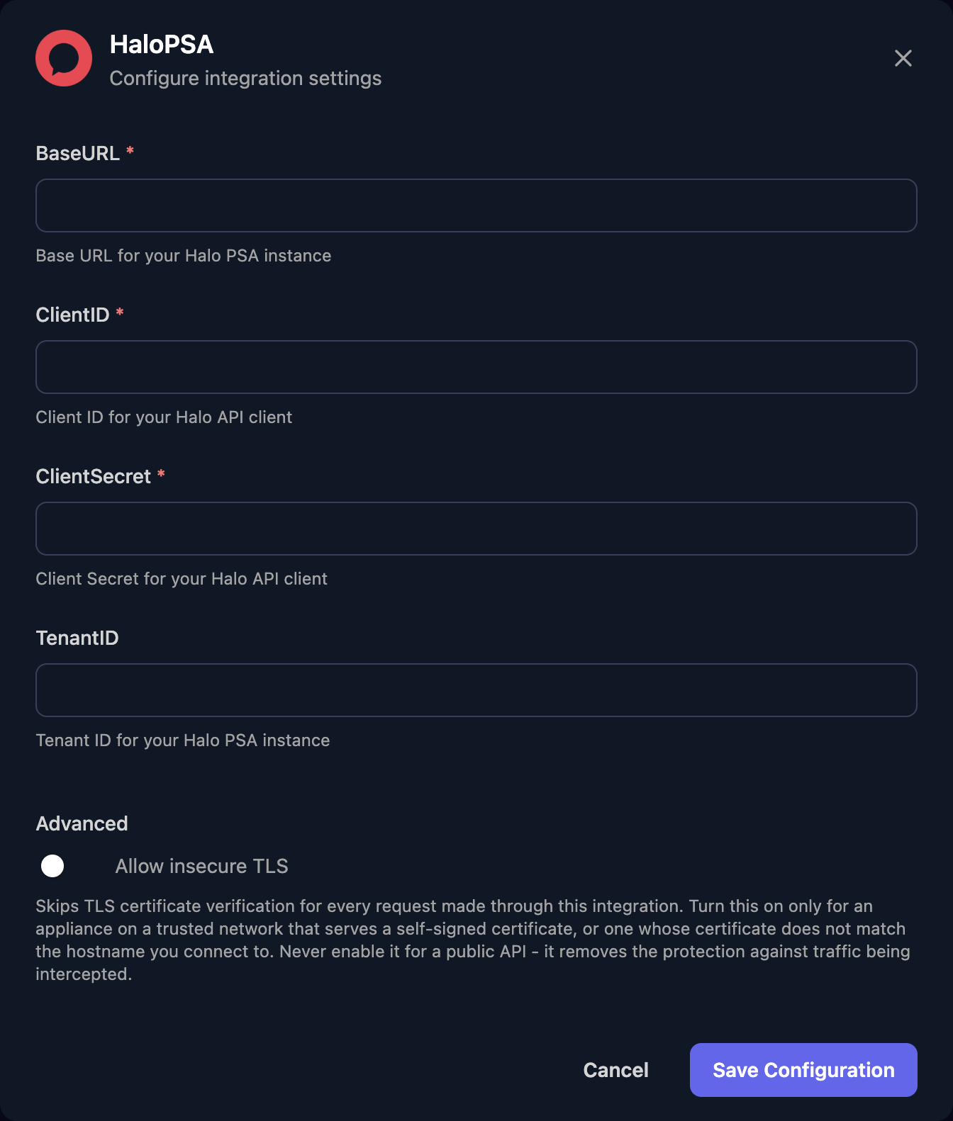 The HaloPSA configuration window with BaseURL, ClientID, ClientSecret and TenantID fields, an Allow insecure TLS switch under Advanced, and a Save Configuration button.