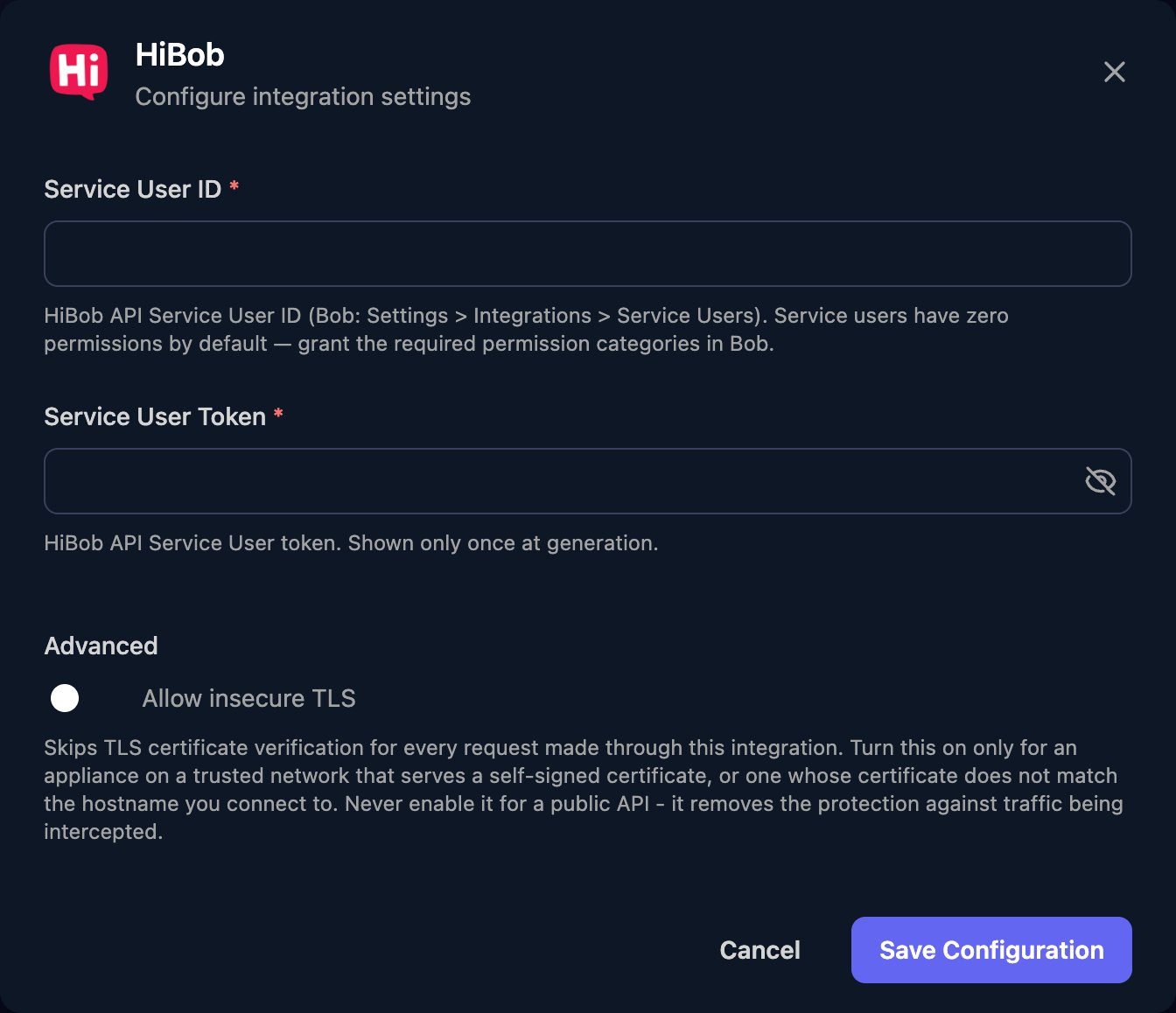 The HiBob configuration window with Service User ID and Service User Token fields, an Allow insecure TLS switch under Advanced, and a Save Configuration button.