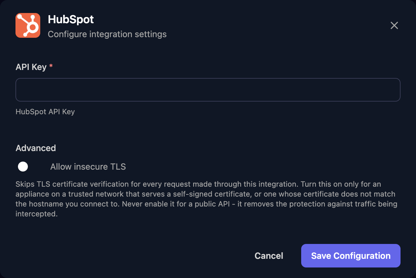 The HubSpot configuration window with an API Key field, an Allow insecure TLS switch under Advanced, and a Save Configuration button.
