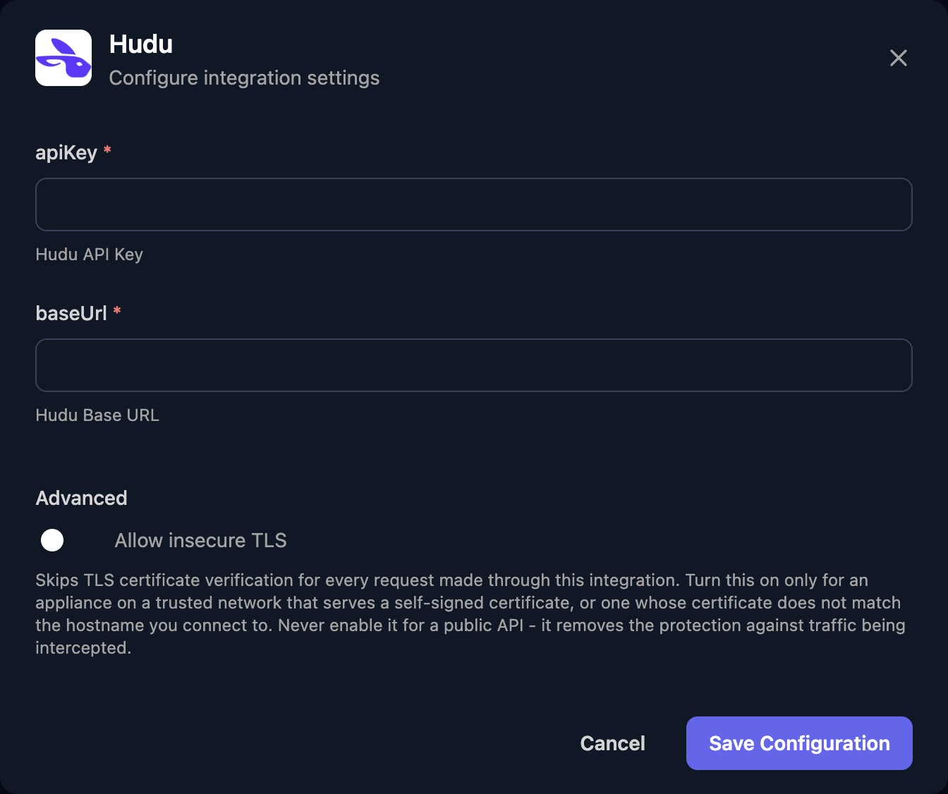 The Hudu configuration window with apiKey and baseUrl fields, an Allow insecure TLS switch under Advanced, and a Save Configuration button.