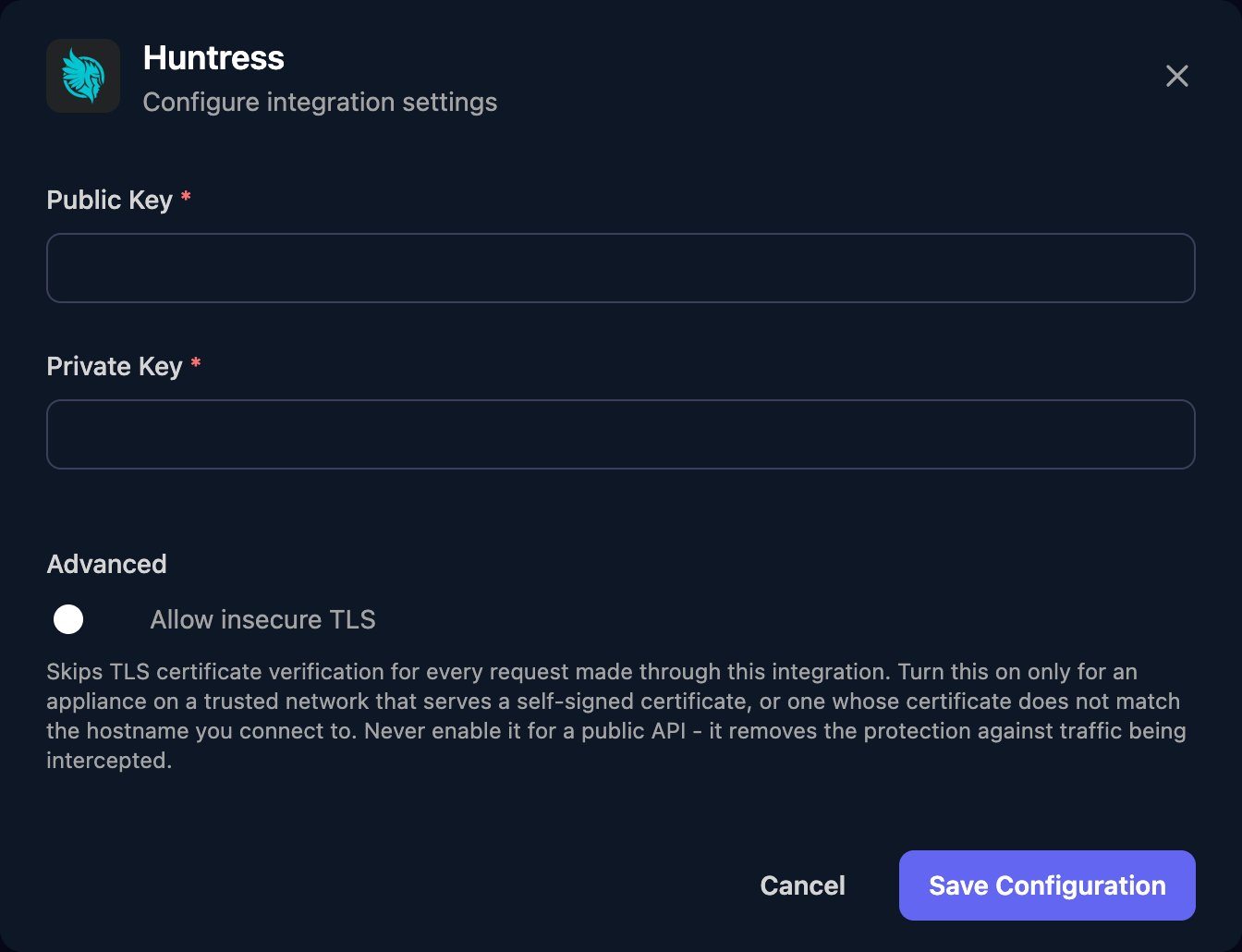 The Huntress configuration window with Public Key and Private Key fields, an Allow insecure TLS switch under Advanced, and a Save Configuration button.
