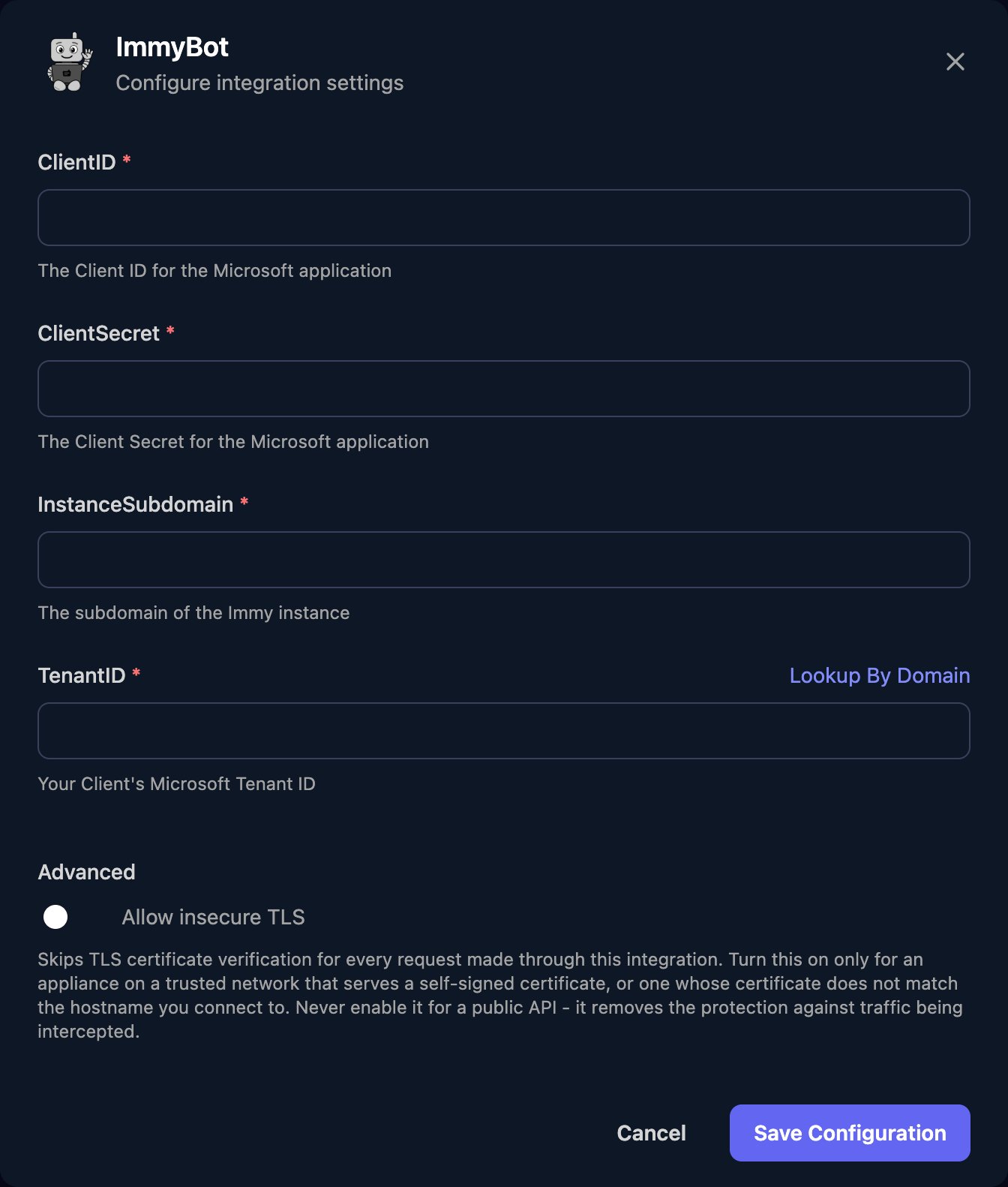 The ImmyBot configuration window with ClientID, ClientSecret, InstanceSubdomain and TenantID fields, a Lookup By Domain link, an Allow insecure TLS switch under Advanced, and a Save Configuration button.