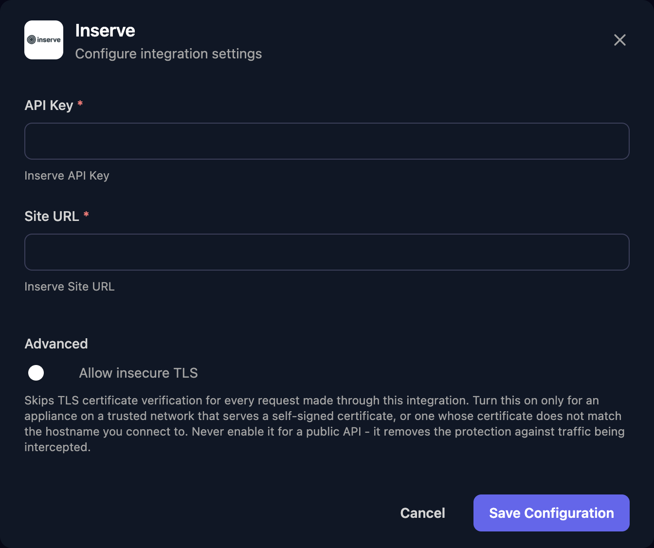 The Inserve configuration window with API Key and Site URL fields, an Allow insecure TLS switch under Advanced, and a Save Configuration button.