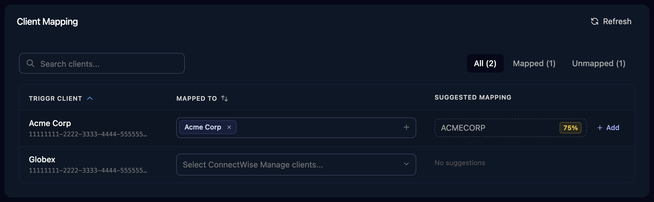 The Client Mapping card with All, Mapped and Unmapped filters, Acme Corp mapped to Acme Corp with a 75% suggested mapping, and Globex unmapped with a Select ConnectWise Manage clients dropdown.