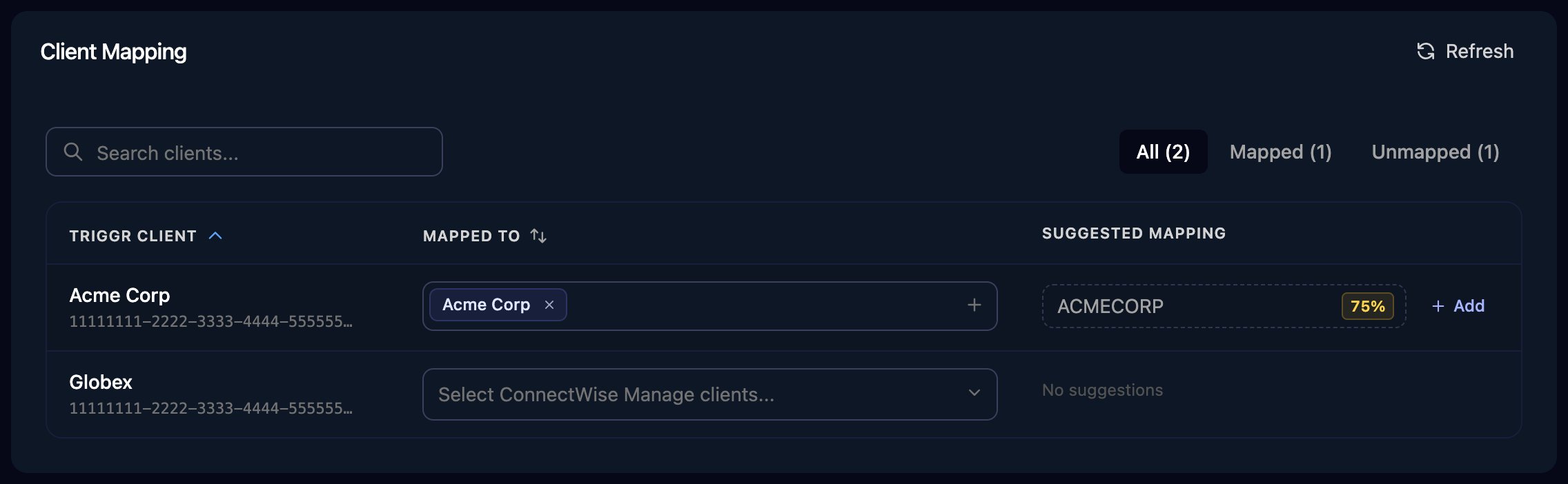 The Client Mapping card with All, Mapped and Unmapped filters, Acme Corp mapped to Acme Corp with a 75% suggested mapping, and Globex unmapped with a Select ConnectWise Manage clients dropdown.