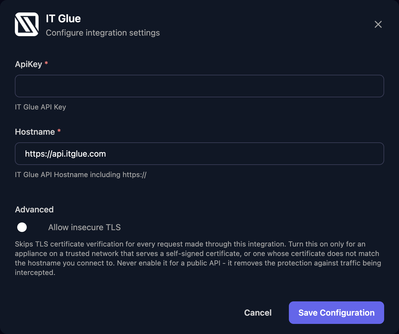 The IT Glue configuration window with an ApiKey field, a Hostname field set to https://api.itglue.com, an Allow insecure TLS switch under Advanced, and a Save Configuration button.