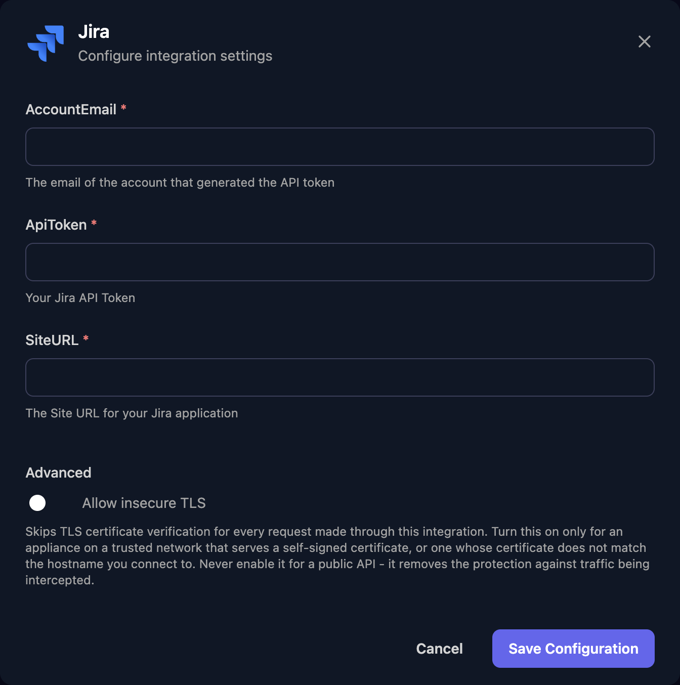 The Jira configuration window with AccountEmail, ApiToken and SiteURL fields, an Allow insecure TLS switch under Advanced, and a Save Configuration button.