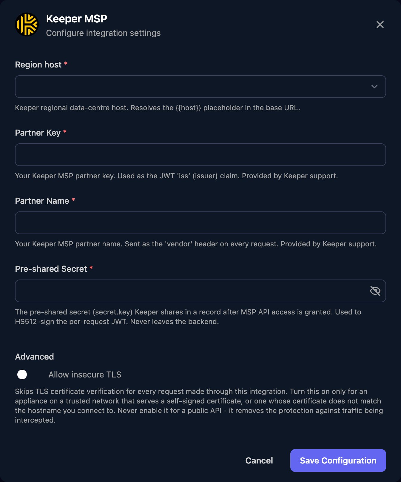 The Keeper MSP configuration window with a Region host dropdown, Partner Key, Partner Name and Pre-shared Secret fields, an Allow insecure TLS switch under Advanced, and a Save Configuration button.