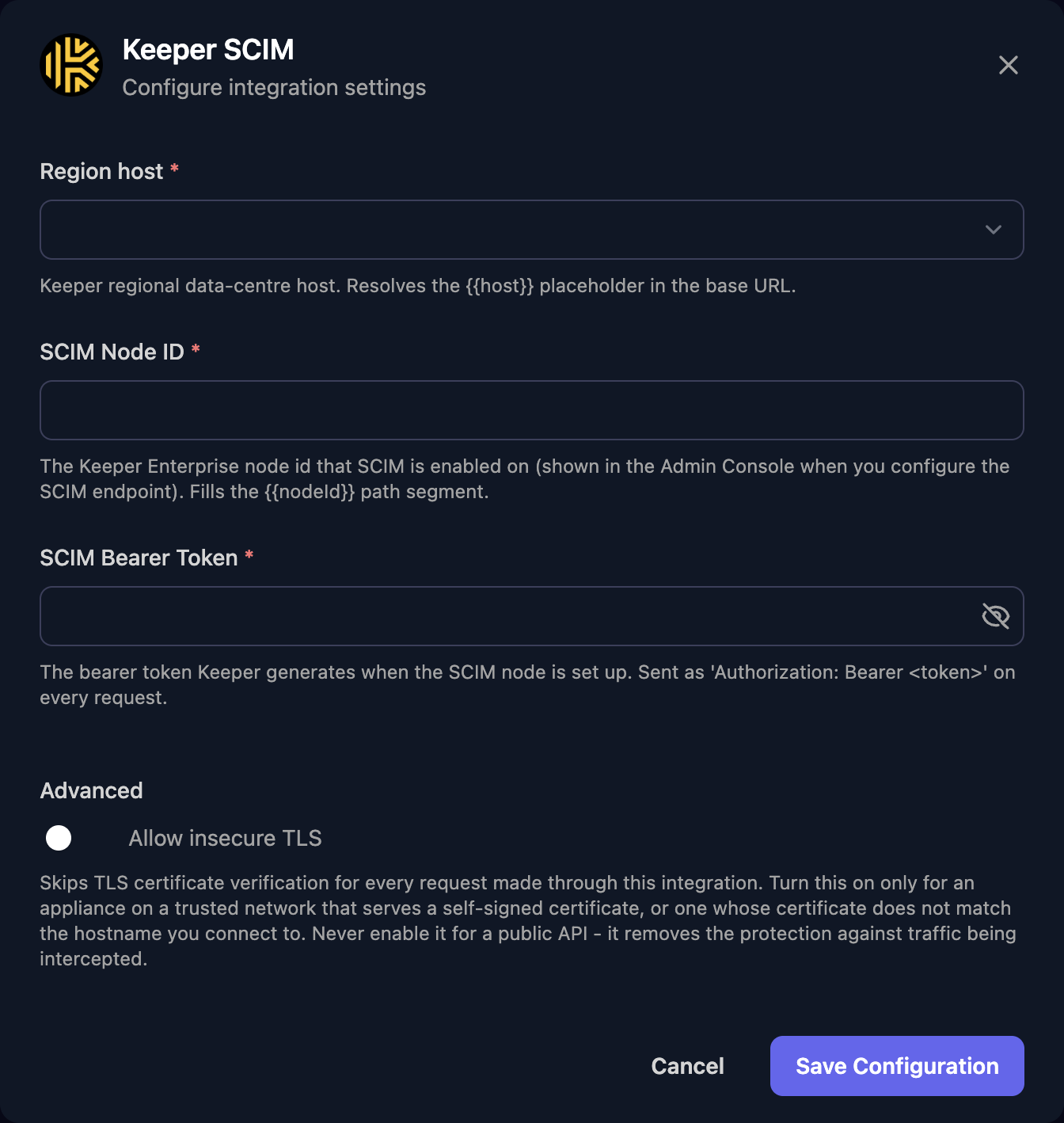 The Keeper SCIM configuration window with a Region host dropdown, SCIM Node ID and SCIM Bearer Token fields, an Allow insecure TLS switch under Advanced, and a Save Configuration button.
