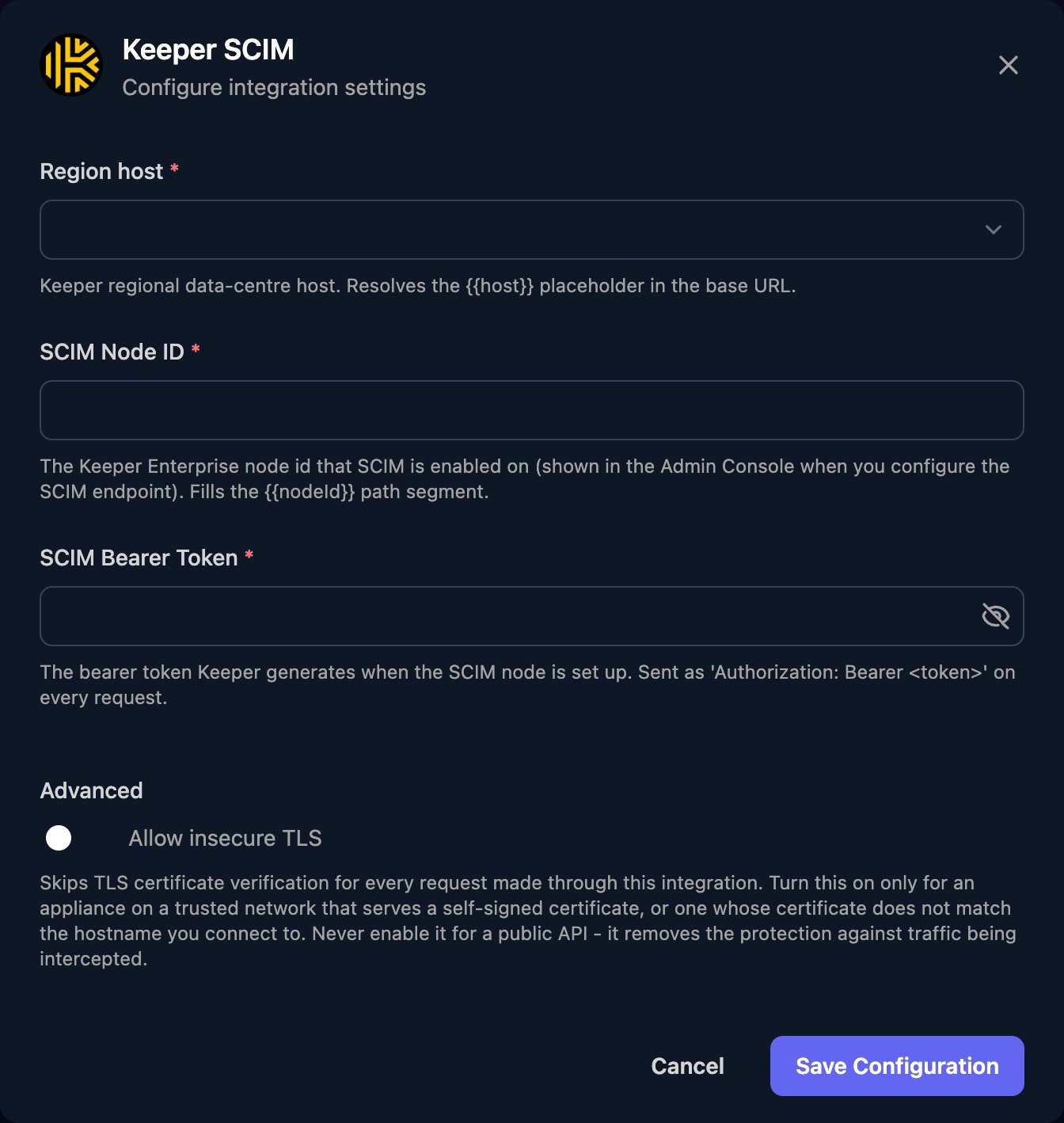 The Keeper SCIM configuration window with a Region host dropdown, SCIM Node ID and SCIM Bearer Token fields, an Allow insecure TLS switch under Advanced, and a Save Configuration button.