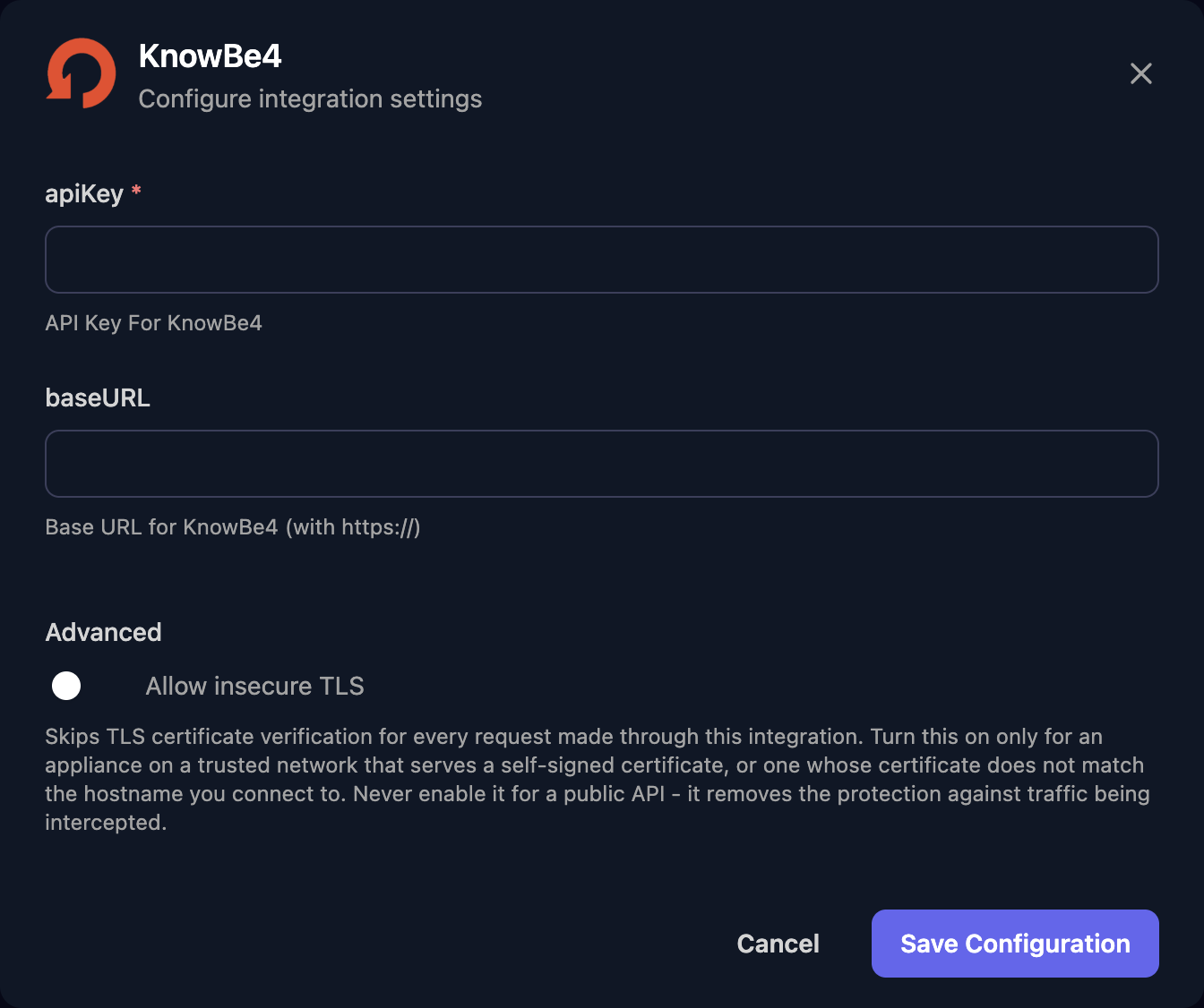 The KnowBe4 configuration window with an apiKey field, a baseURL field, an Allow insecure TLS switch under Advanced, and a Save Configuration button.