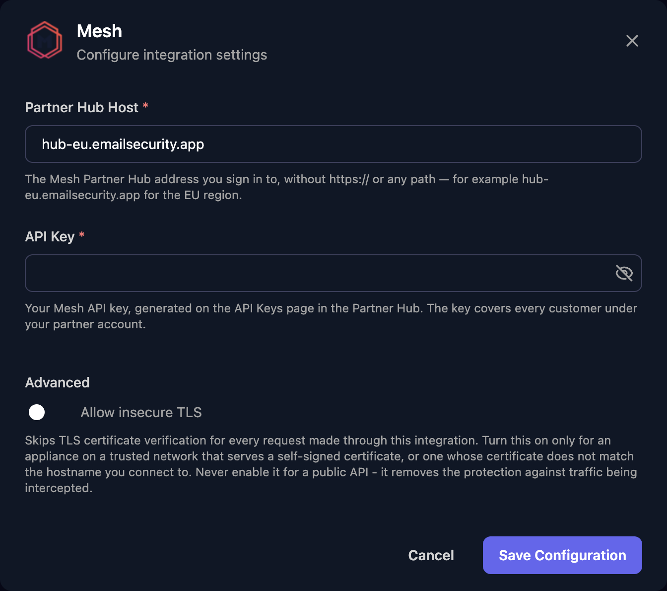 The Mesh configuration window with Partner Hub Host set to hub-eu.emailsecurity.app, an API Key field, an Allow insecure TLS switch under Advanced, and a Save Configuration button.