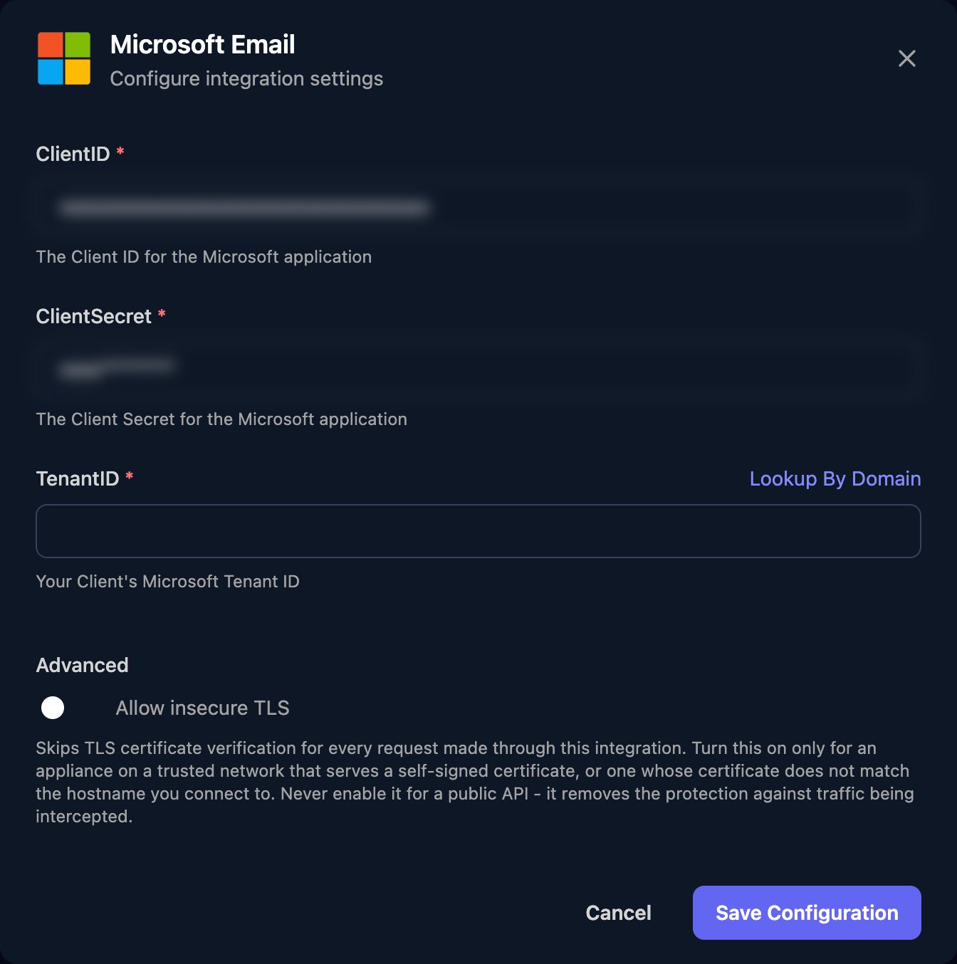 The Microsoft Email configuration window with ClientID and ClientSecret already filled in (blurred), an empty TenantID field with a Lookup By Domain link, an Allow insecure TLS switch under Advanced, and a Save Configuration button.