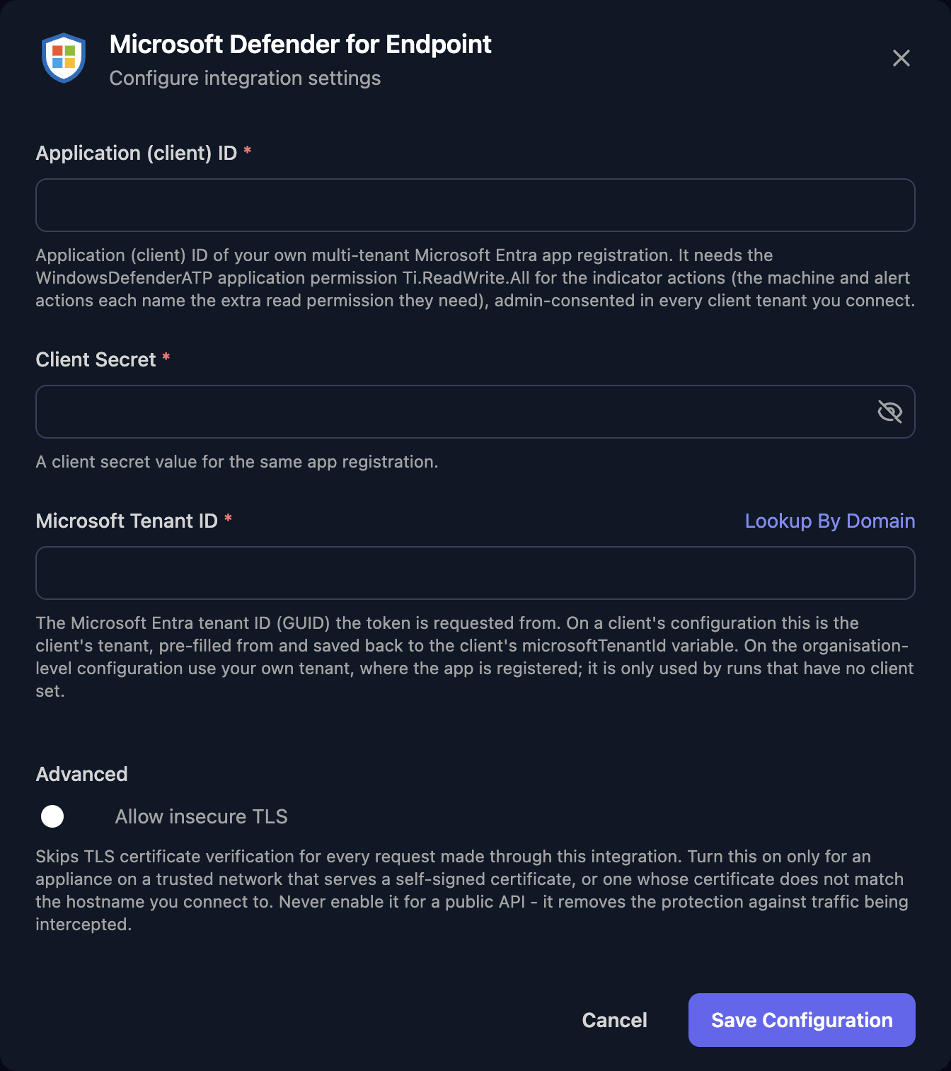 The Microsoft Defender for Endpoint configuration window with Application (client) ID, Client Secret and Microsoft Tenant ID fields, a Lookup By Domain link, an Allow insecure TLS switch under Advanced, and a Save Configuration button.