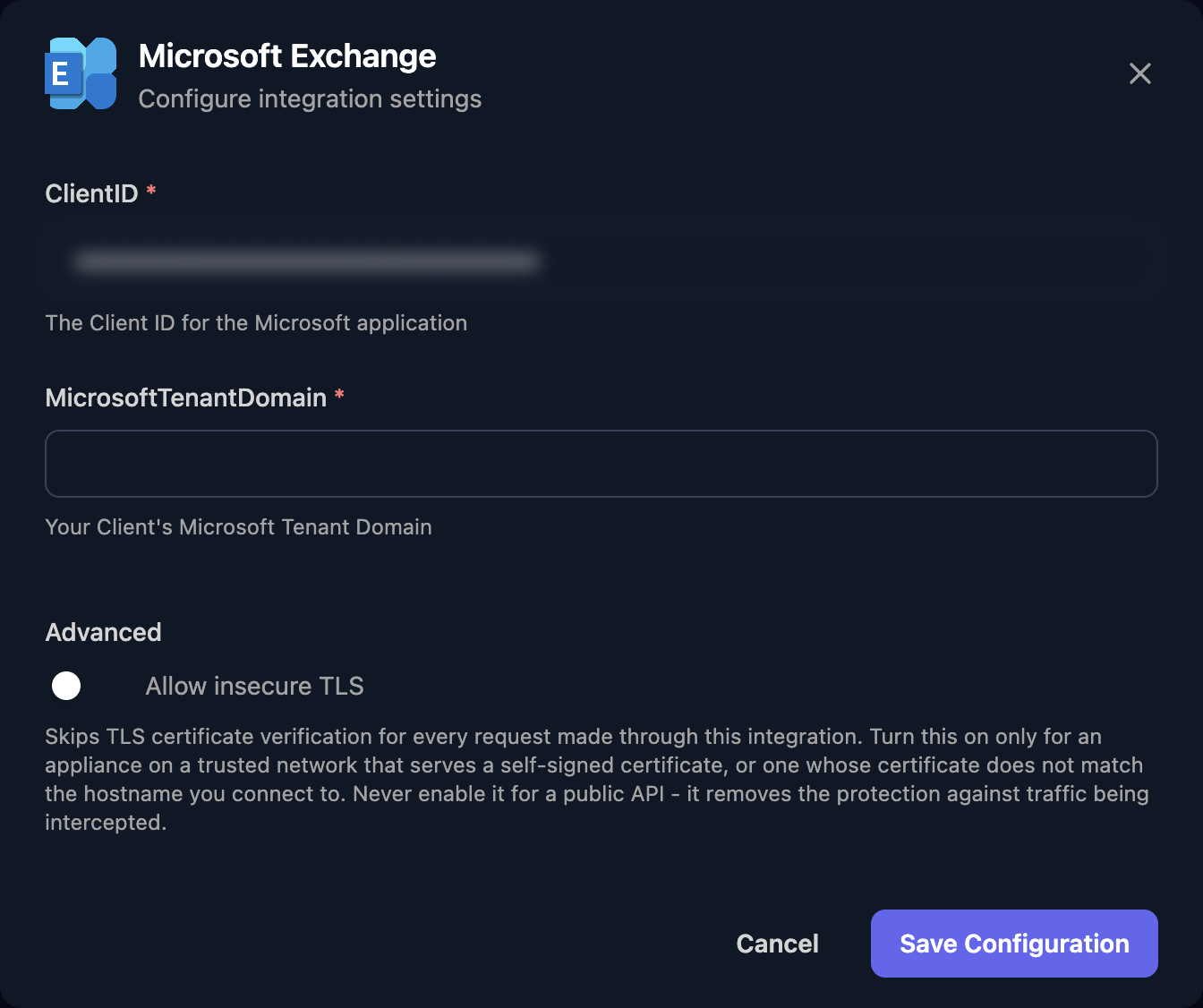 The Microsoft Exchange configuration window with ClientID already filled in (blurred), an empty MicrosoftTenantDomain field, an Allow insecure TLS switch under Advanced, and a Save Configuration button.