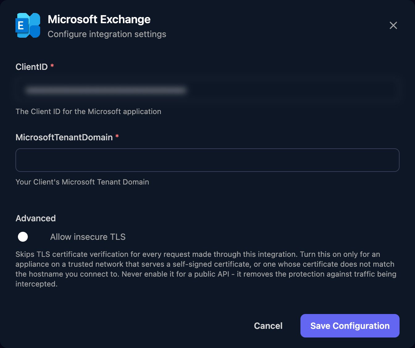 The Microsoft Exchange configuration window with ClientID already filled in (blurred), an empty MicrosoftTenantDomain field, an Allow insecure TLS switch under Advanced, and a Save Configuration button.