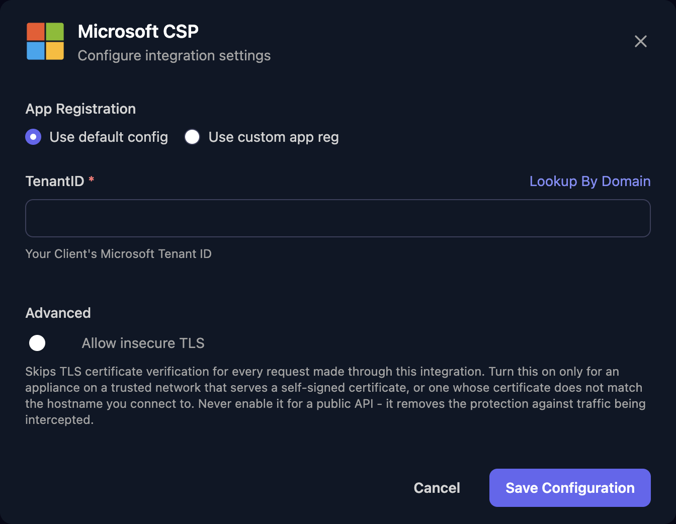 The Microsoft CSP configuration window with App Registration set to Use default config, a TenantID field with a Lookup By Domain link, an Allow insecure TLS switch under Advanced, and a Save Configuration button.