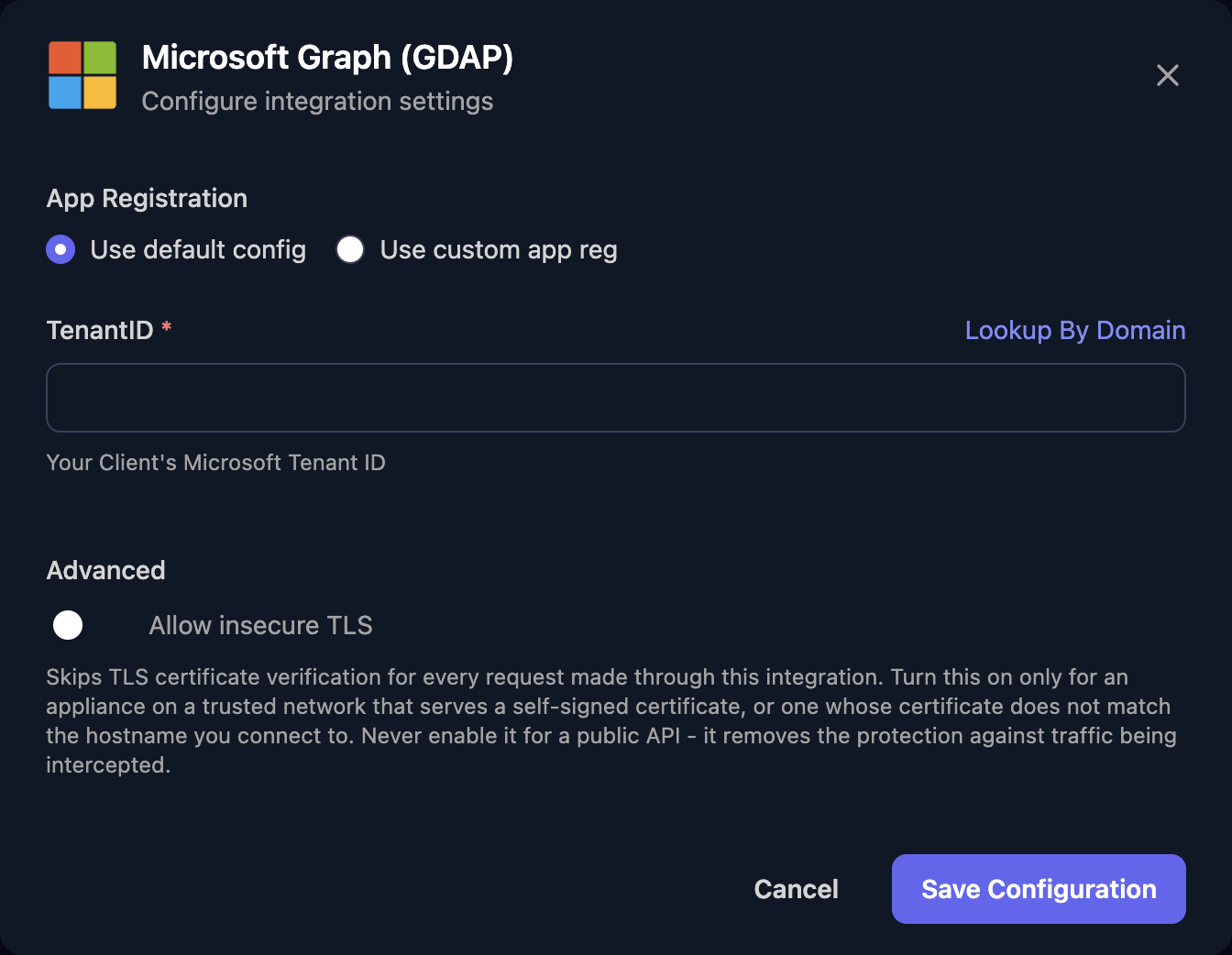 The Microsoft Graph (GDAP) configuration window with App Registration set to Use default config, a TenantID field with a Lookup By Domain link, an Allow insecure TLS switch under Advanced, and a Save Configuration button.