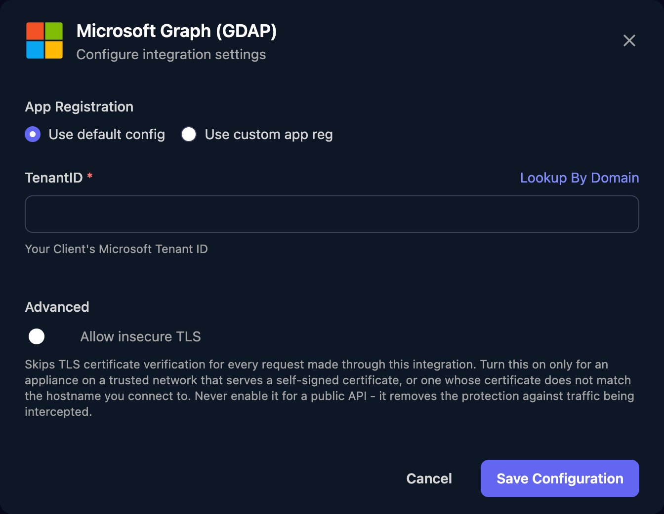 The Microsoft Graph (GDAP) configuration window with App Registration set to Use default config, a TenantID field with a Lookup By Domain link, an Allow insecure TLS switch under Advanced, and a Save Configuration button.
