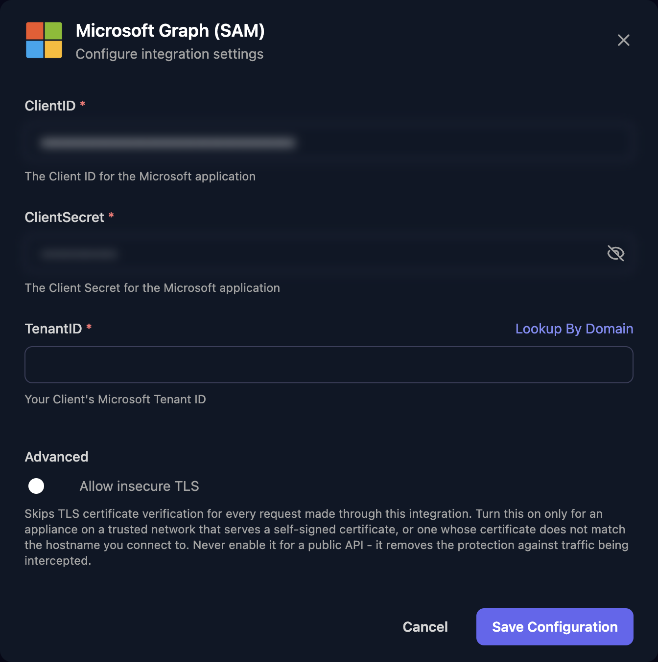 The Microsoft Graph (SAM) configuration window with ClientID and ClientSecret already filled in (blurred), an empty TenantID field, a Lookup By Domain link, an Allow insecure TLS switch under Advanced, and a Save Configuration button.