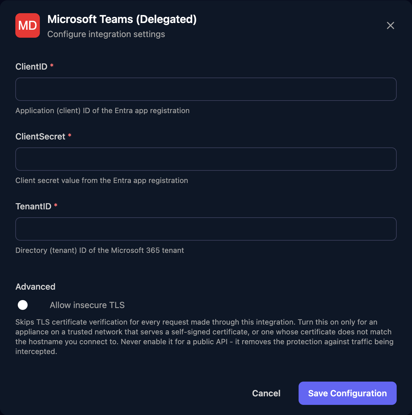 The Microsoft Teams (Delegated) configuration window with empty ClientID, ClientSecret and TenantID fields, an Allow insecure TLS switch under Advanced, and a Save Configuration button.