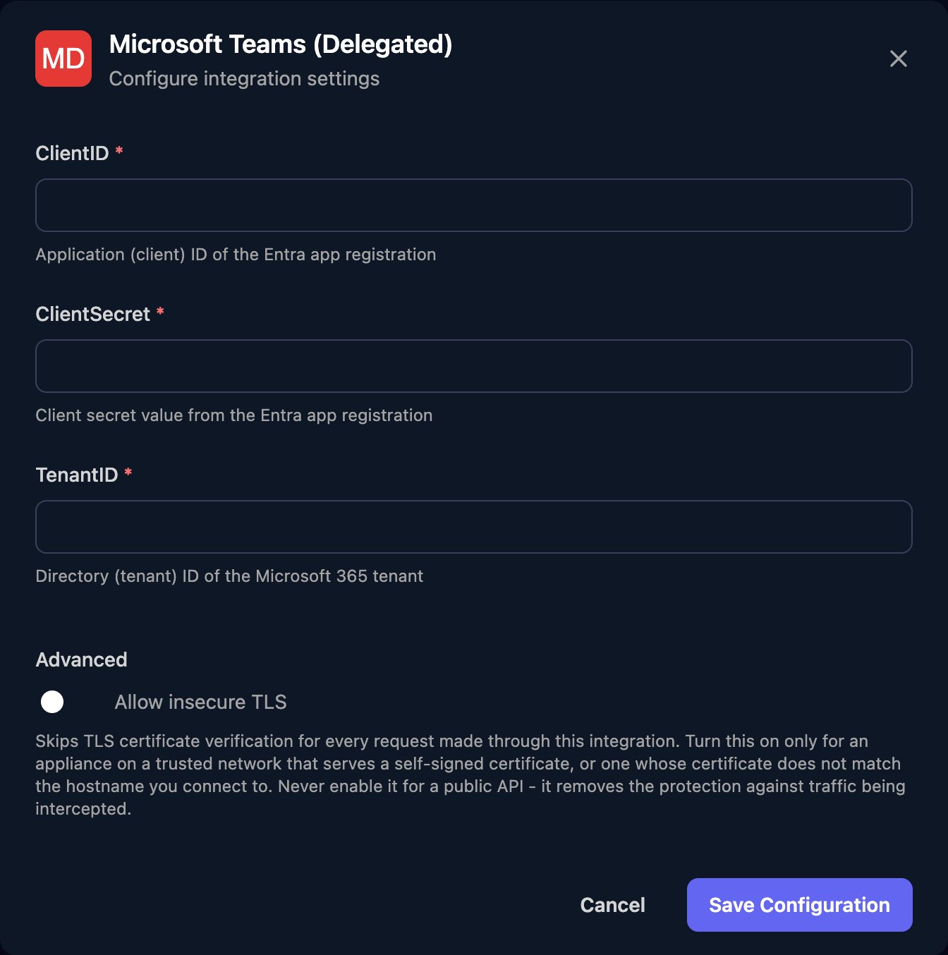 The Microsoft Teams (Delegated) configuration window with empty ClientID, ClientSecret and TenantID fields, an Allow insecure TLS switch under Advanced, and a Save Configuration button.