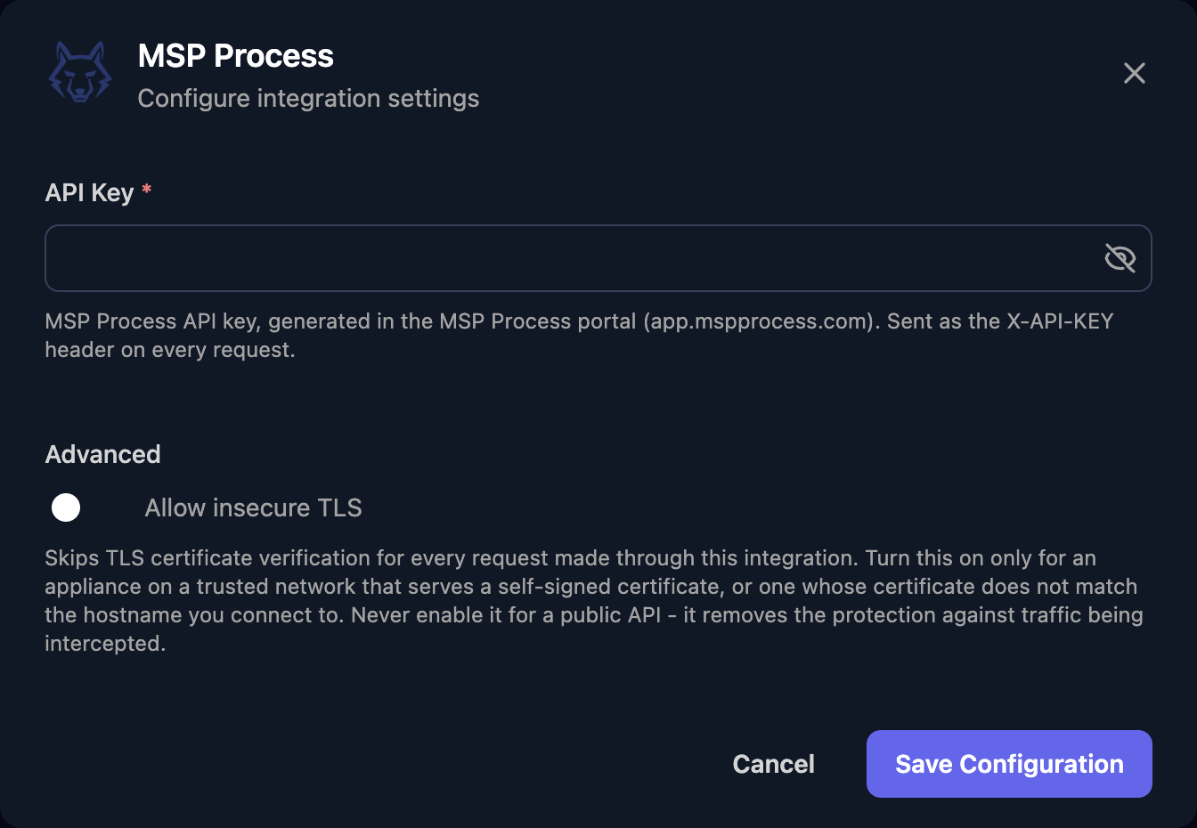 The MSP Process configuration window with an API Key field, an Allow insecure TLS switch under Advanced, and a Save Configuration button.