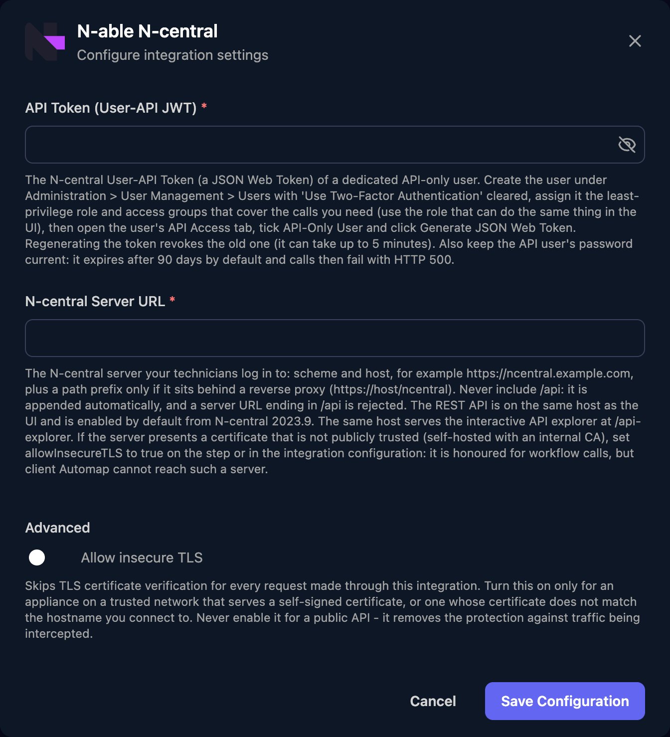 The N-able N-central configuration window with API Token (User-API JWT) and N-central Server URL fields and their help text, an Allow insecure TLS switch under Advanced, and a Save Configuration button.