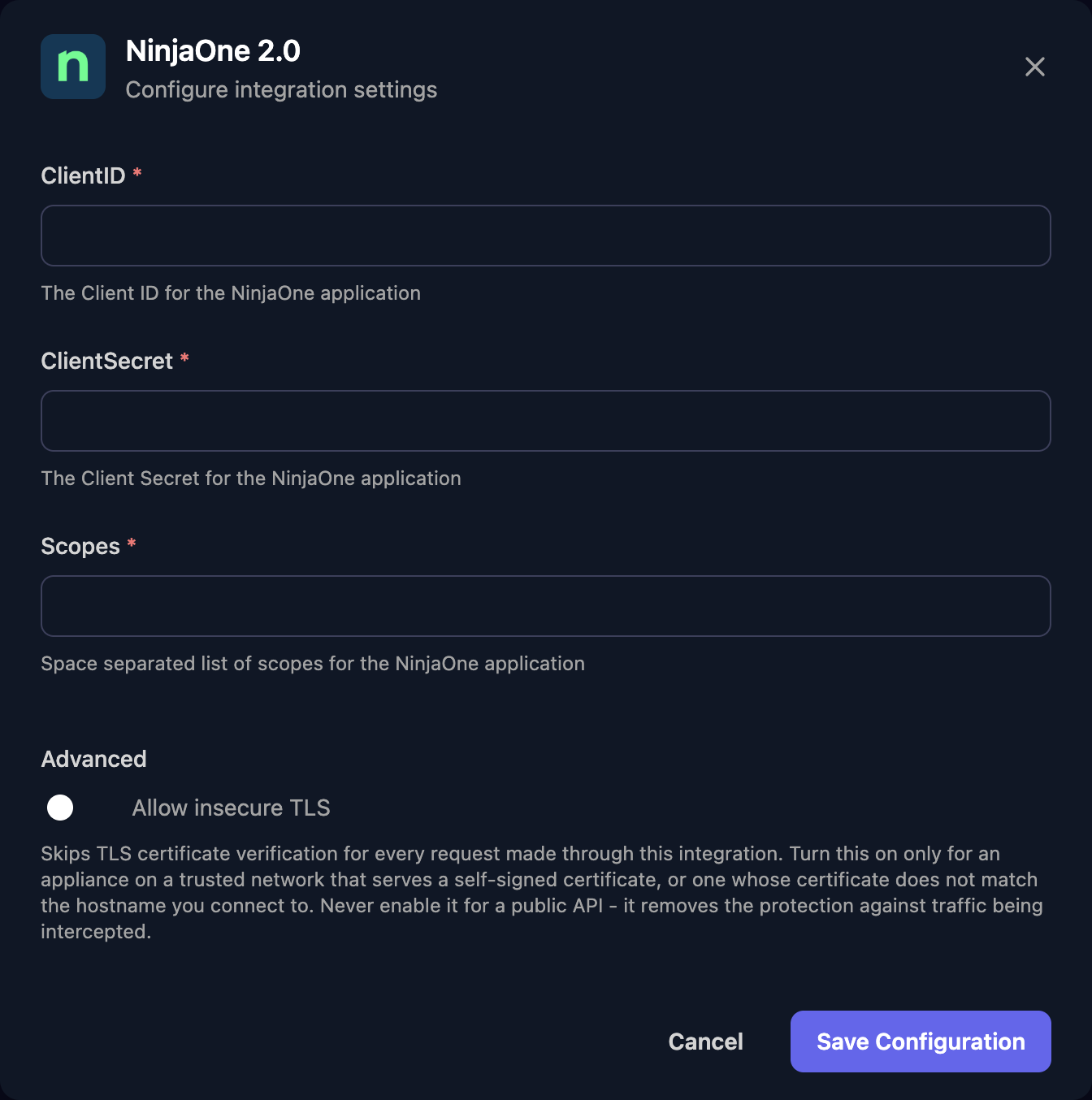 The NinjaOne 2.0 configuration window with ClientID, ClientSecret and Scopes fields, an Allow insecure TLS switch under Advanced, and a Save Configuration button.
