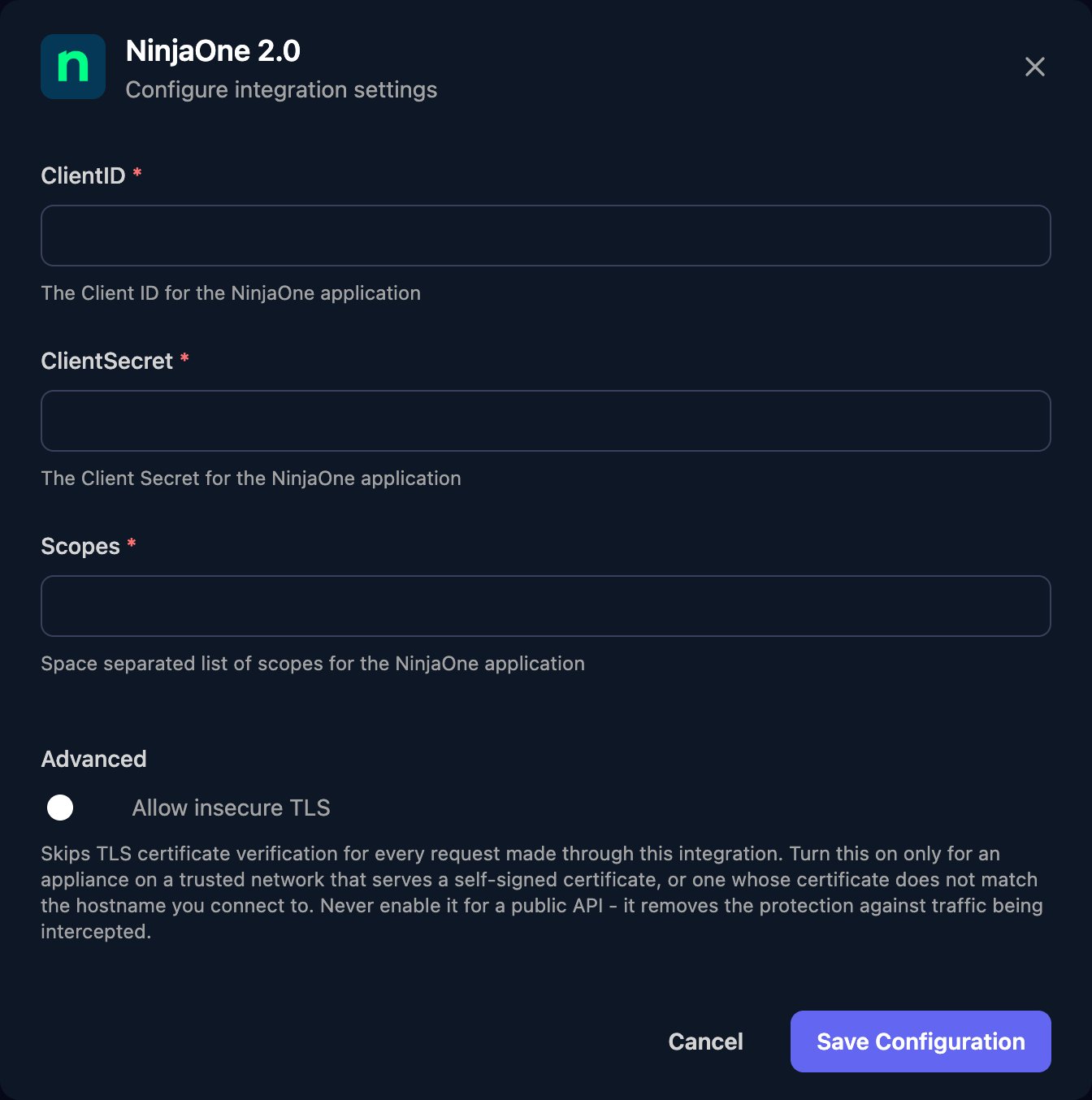 The NinjaOne 2.0 configuration window with ClientID, ClientSecret and Scopes fields, an Allow insecure TLS switch under Advanced, and a Save Configuration button.