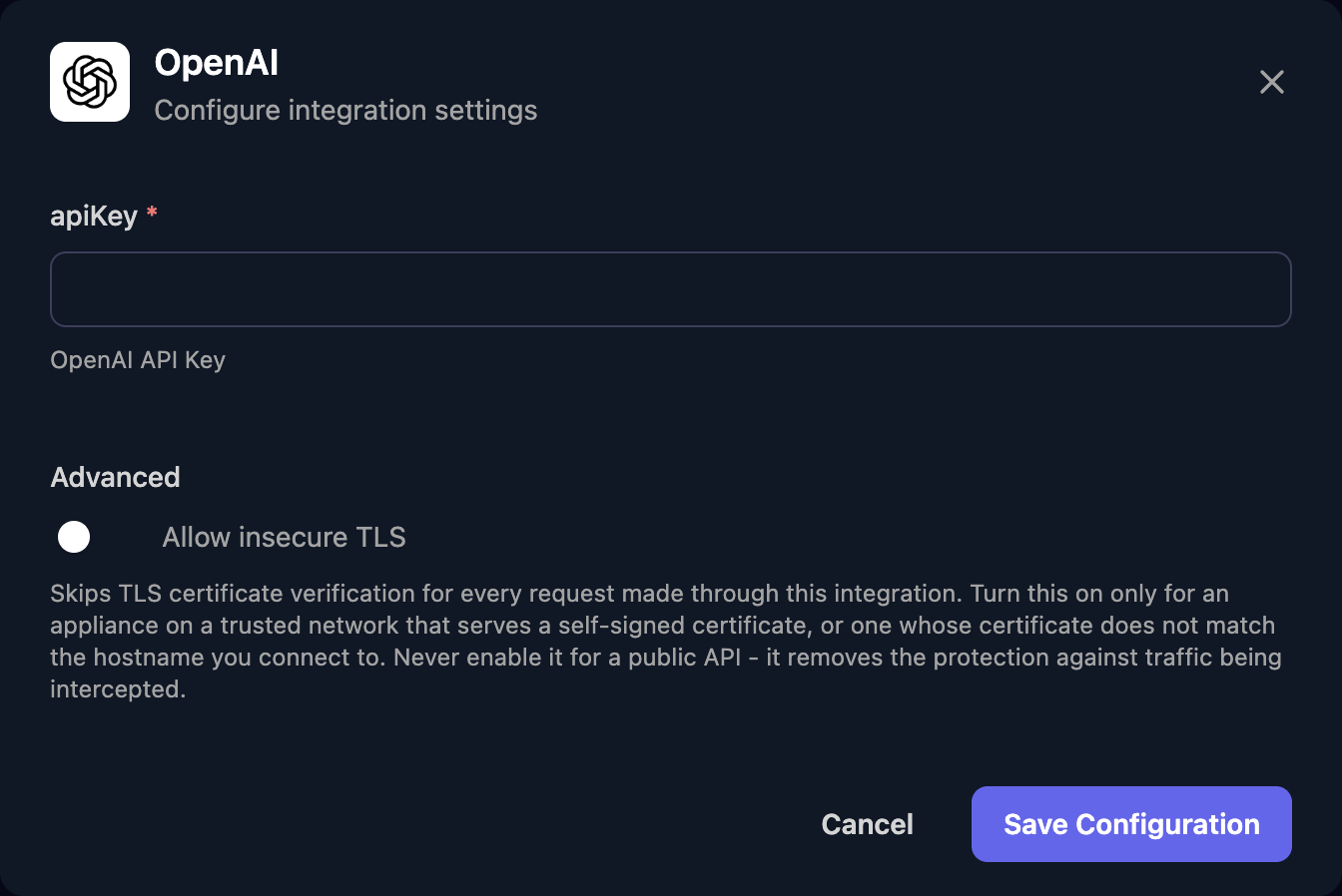 The OpenAI configuration window with an apiKey field, an Allow insecure TLS switch under Advanced, and a Save Configuration button.